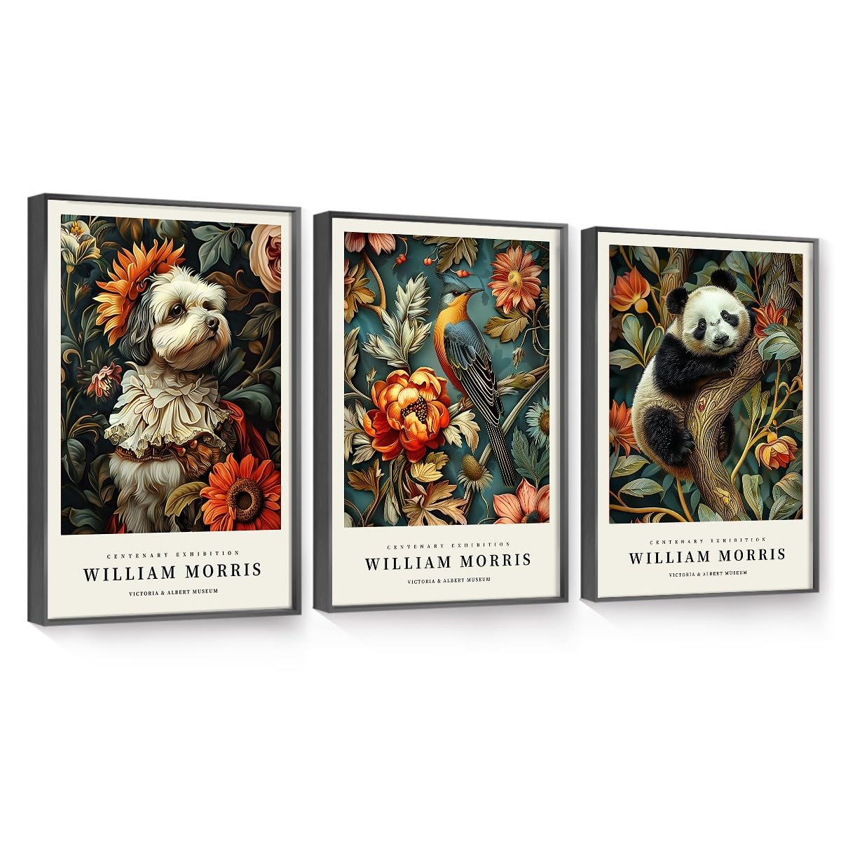 OVVGVV William Morris Wall Art set of 3 large Framed Vintage botanical Colorful Abstract Nature Flowers Canvas Art for Living Room Bedroom Office