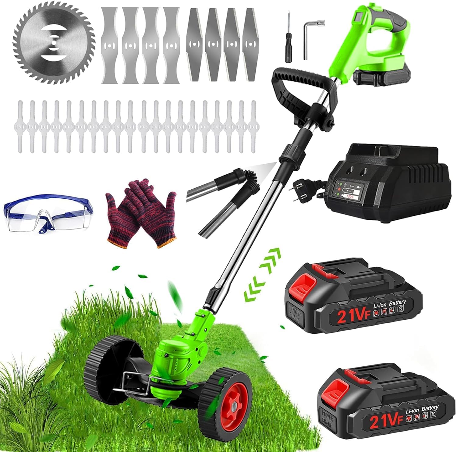 Débroussailleuse Electrique Bordure,Coupe Bordure sans Fil avec Batterie 21V avec 2 Batterie De 2.0 Ah et 1 Chargeur Rapide & 4 Types De Lames Et De Roues pour Jardin Et Cour