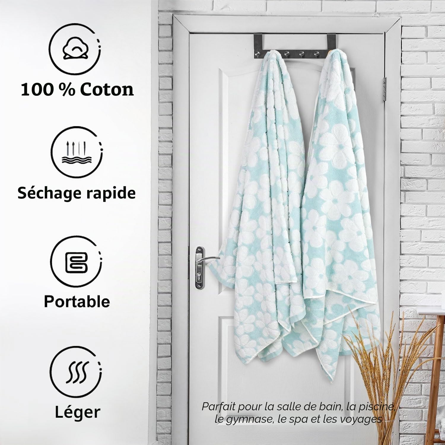 Jacquotha Lot de 2 Serviettes de Bain en Coton pour décoration de Salle de Bain avec Jacquard Floral, Super Douces et absorbantes, Grande Taille, 69,9 x 140,7 cm
