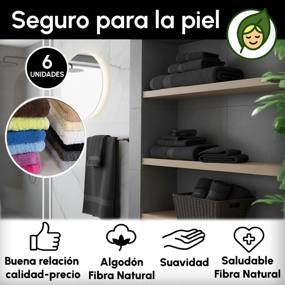 Juego de 6 Toallas de Ducha Grandes Negro 100% algodón Rizo 150x100 cm | Tejido suave de gran gramaje con alta absorción. Aptas para lavadora, de uso diario.
