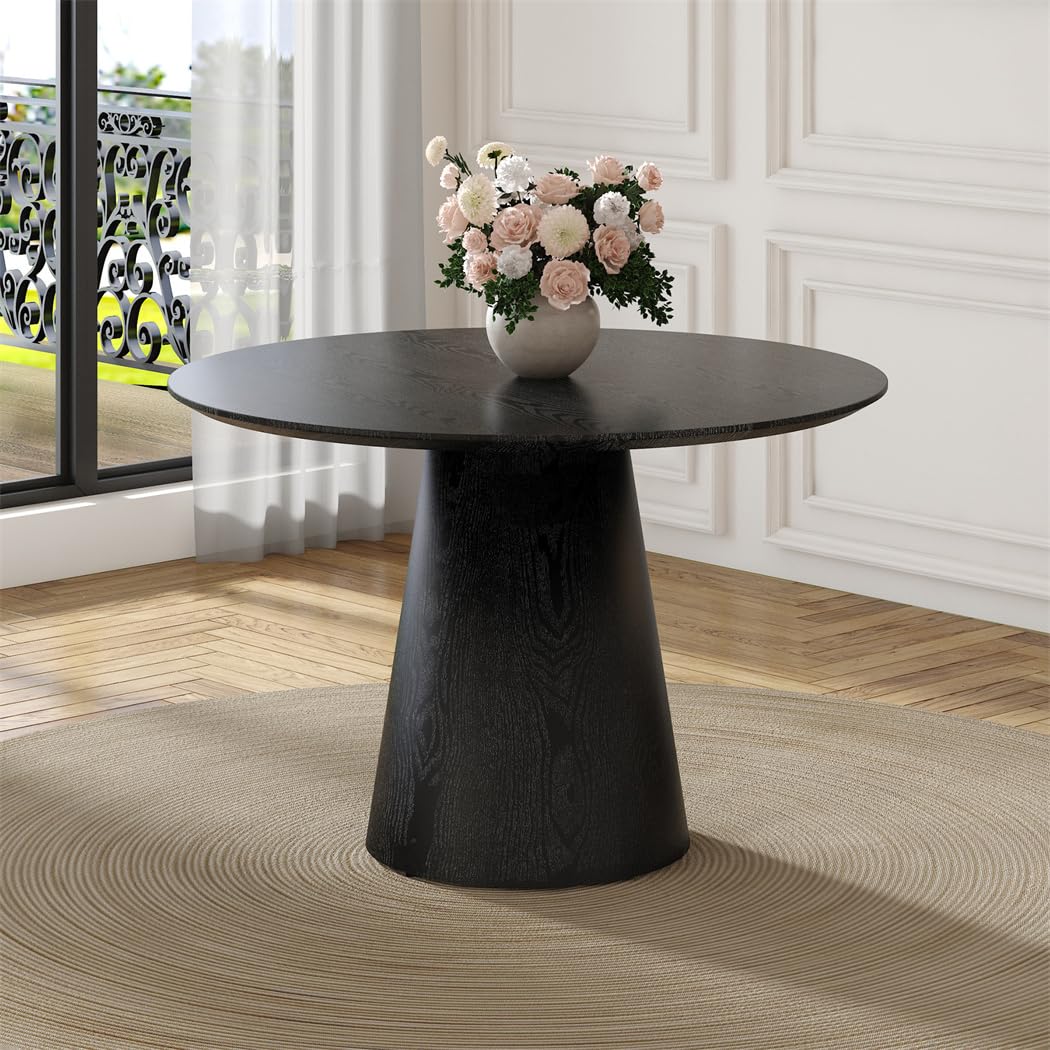 45" Round Pedestal Dining Table, Black Wood-Grain, Seats 4, 30" High Cone Base, 1" Thick Top, Dining Room Table for Apartment