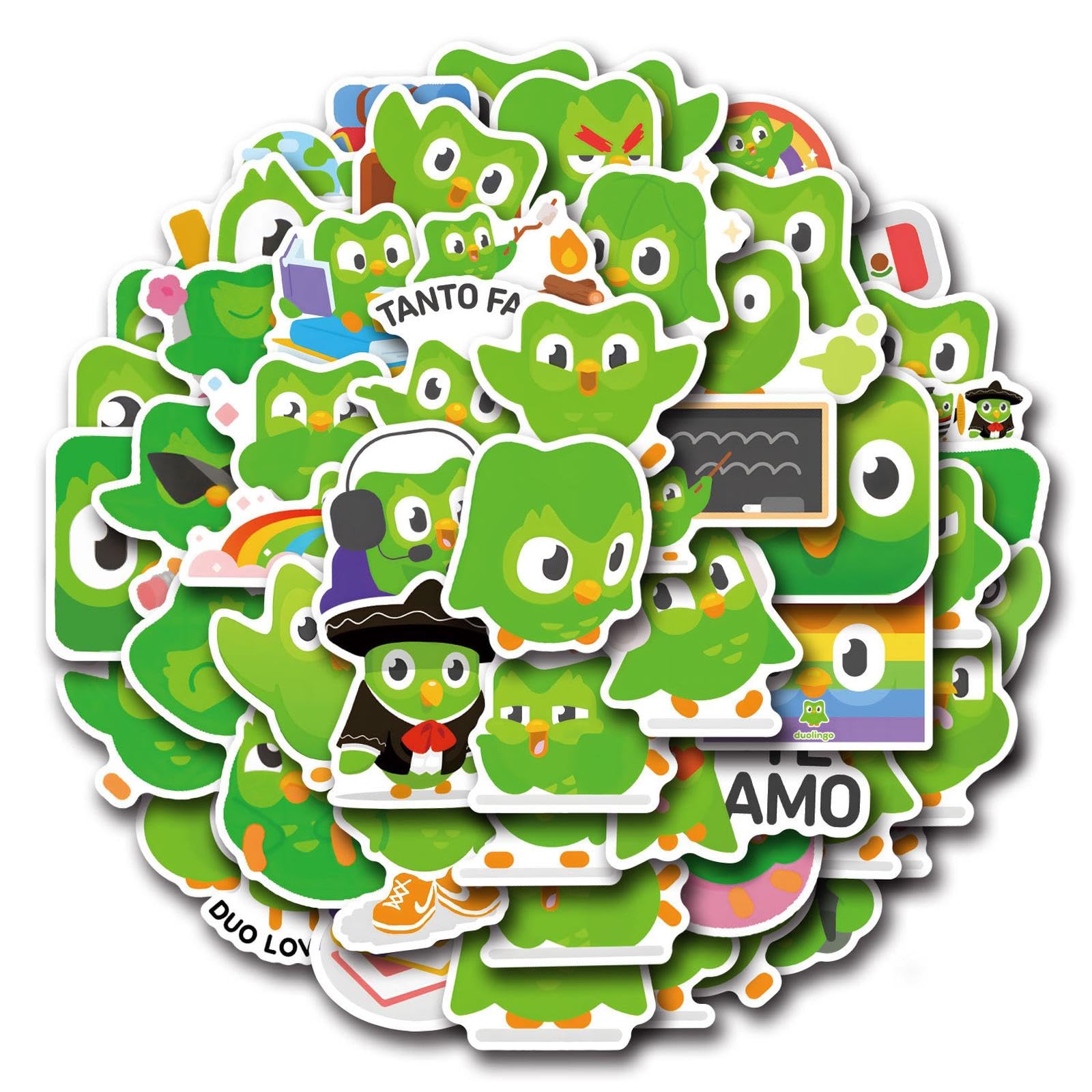 YMMRSK Duolingo Stickers 55pcs Cute Cartoon Green Owl Stickers for Kids Journals,Funny Language Practice Vinyl Stickers for Teens Laptops Water Bottles Luggage Skateboard Phone Scrapbook