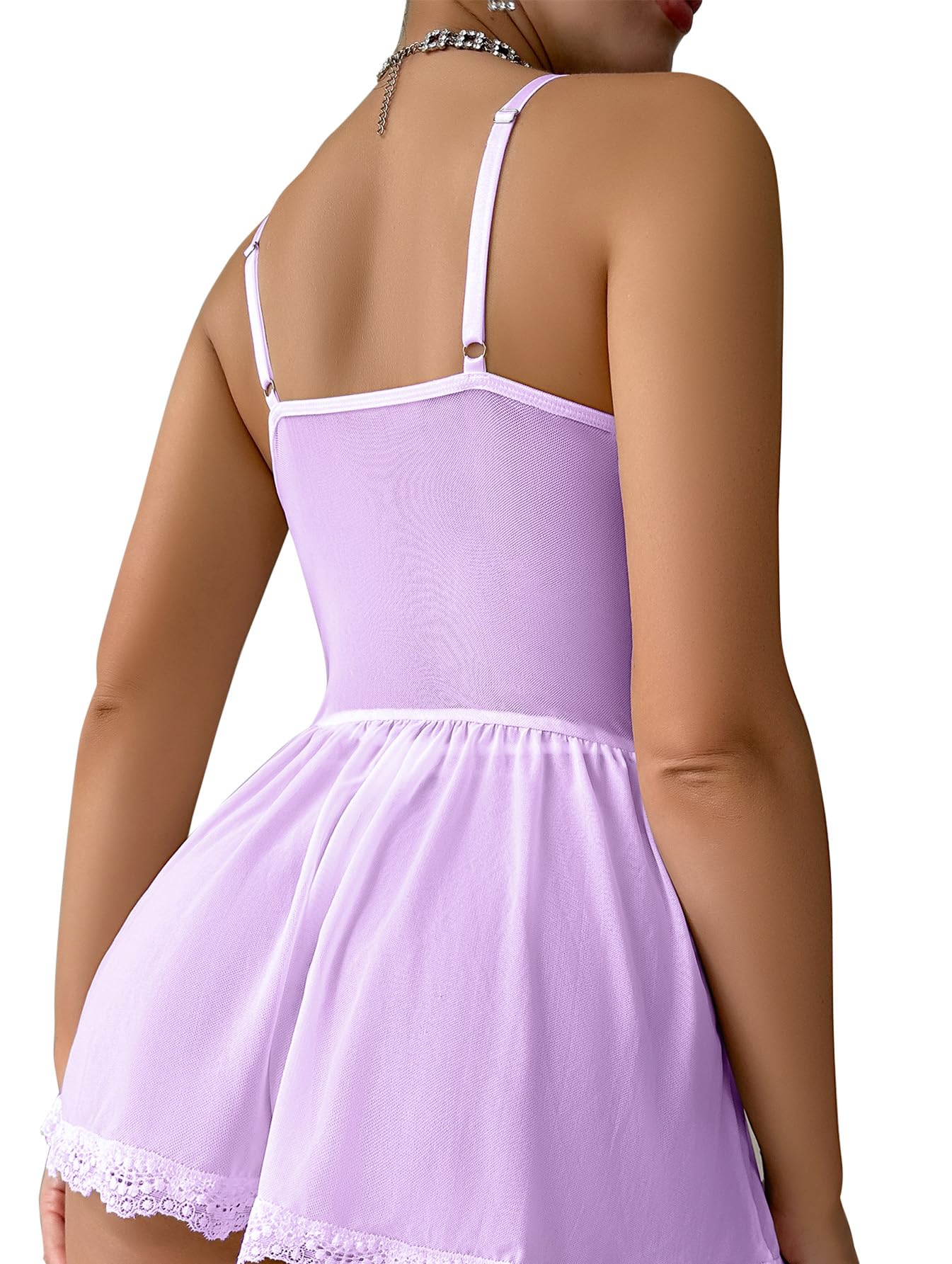 Lilosy Sexy Garter Belt Mesh Lace Babydoll Lingerie Dress Set with Thong: Women Floral NightDress Nightwear Cute Underwire Push Up Corset Outfit Sheer Slip Wireless Light Purple Small