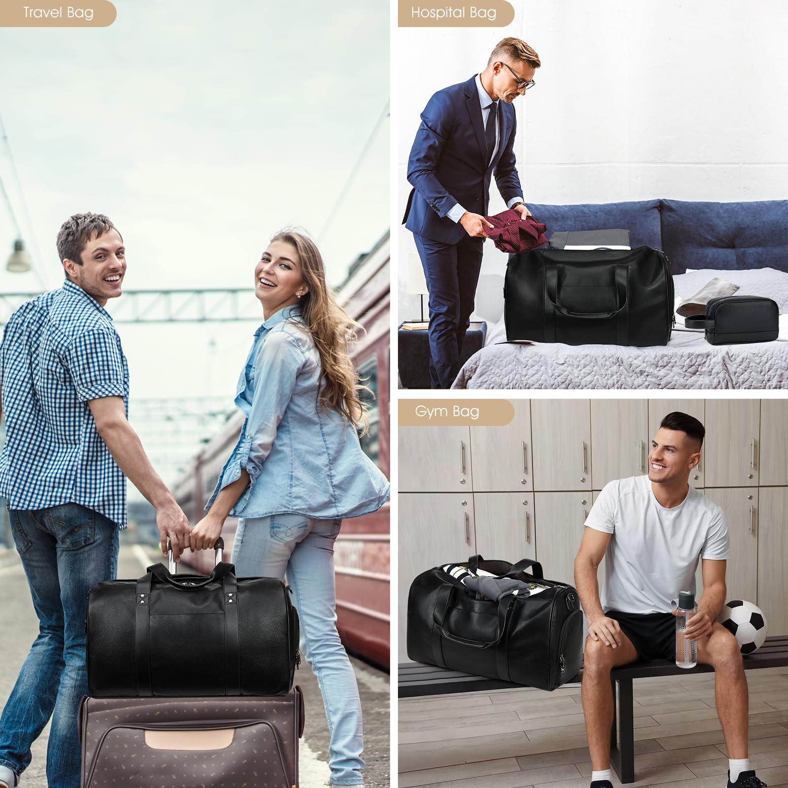 Wogarl 3 bolsas de fin de semana para mujer, bolsa de viaje grande para fin de semana, bolsa de viaje con compartimento para zapatos, Negro, L, Moda
