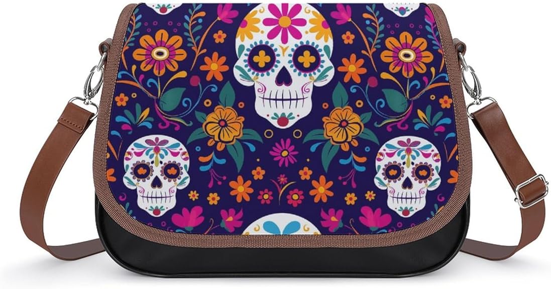 Women's Handbag Mexican Pattern Day Of Dead With Sugar Skull Satchel Bag Leather Crossbody Bag Waterproof Messenger Bag