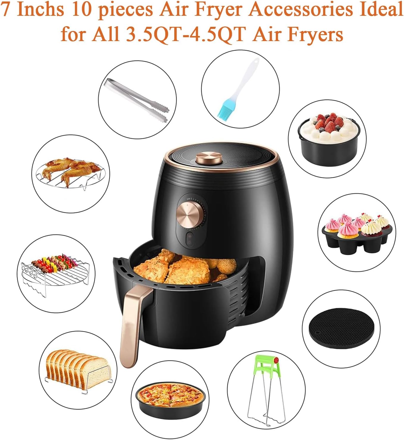 Air Fryer Accessories Set Fit for Gowise Gourmia Cozyna Ninja,Fit All 3.5qt-4.5qt Air Fryer,Kits with Skewers Silicone Mat,Pizza Pan,Cake Barrel,Non-Stick,Dishwasher Safe,Universal,7 Inch 10pcs,Black - Image 2