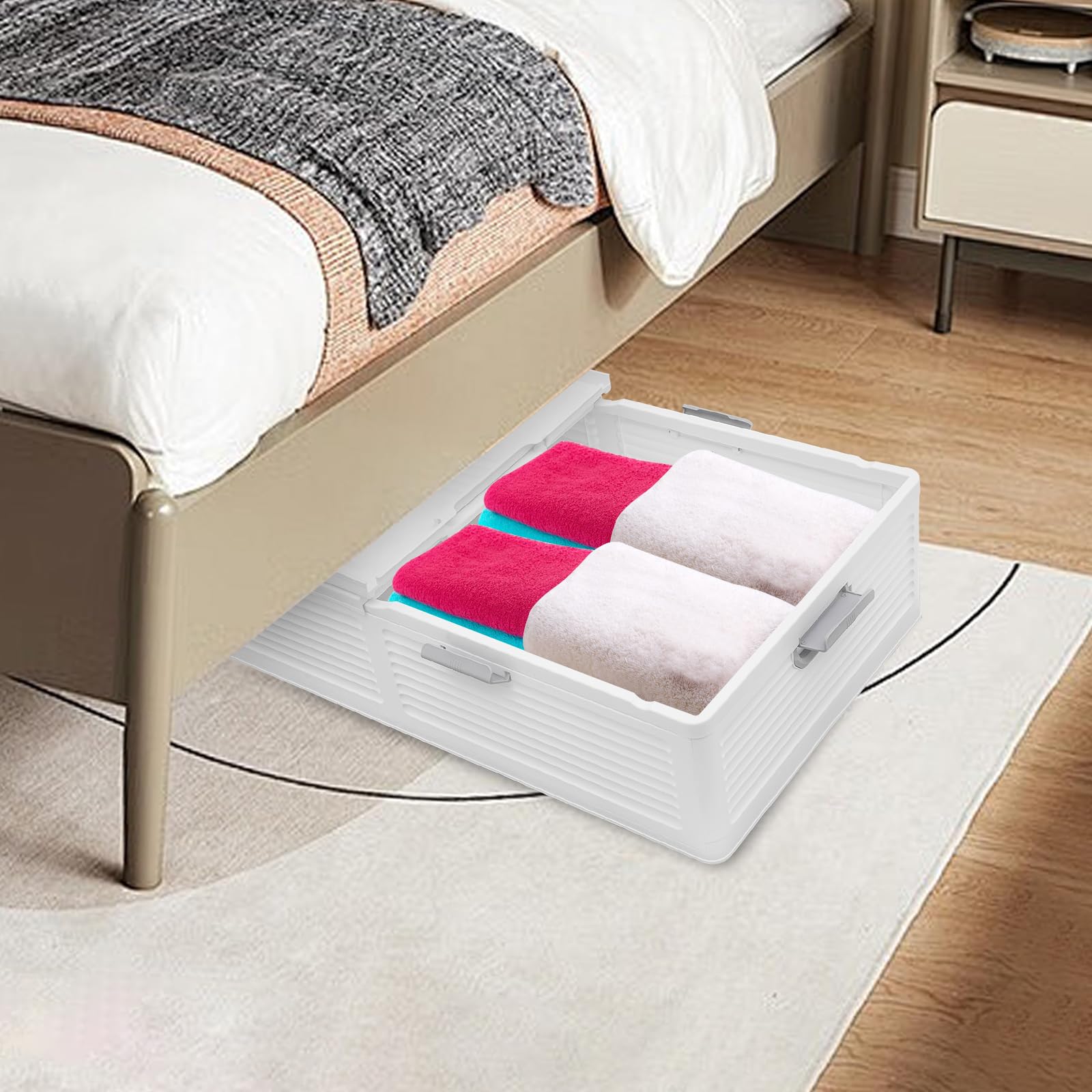 Unterbettkommode mit Rollen Design Stapelbox LagerbehäLter Kunststoffbox Betten Box Unterbett Aufbewahrungsbox mit Deckel Flach Weiß