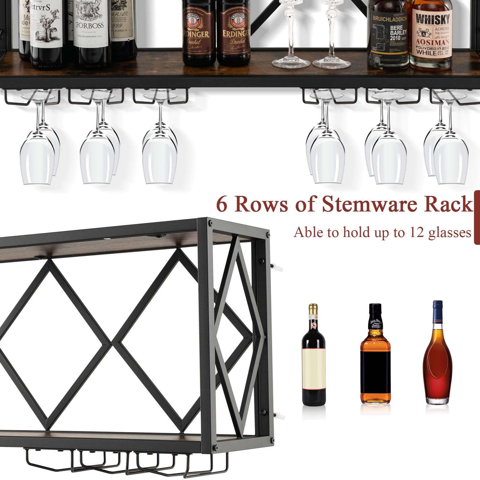 KOMFOTTEU Weinregal Wand, Flaschenregal Holz mit Metallrahmen, dekoratives Wandregal mit Becherhalter für Gläser, Flaschenhalter für Bar, Küche, Wohnzimmer (100 x 25 x 45 cm)