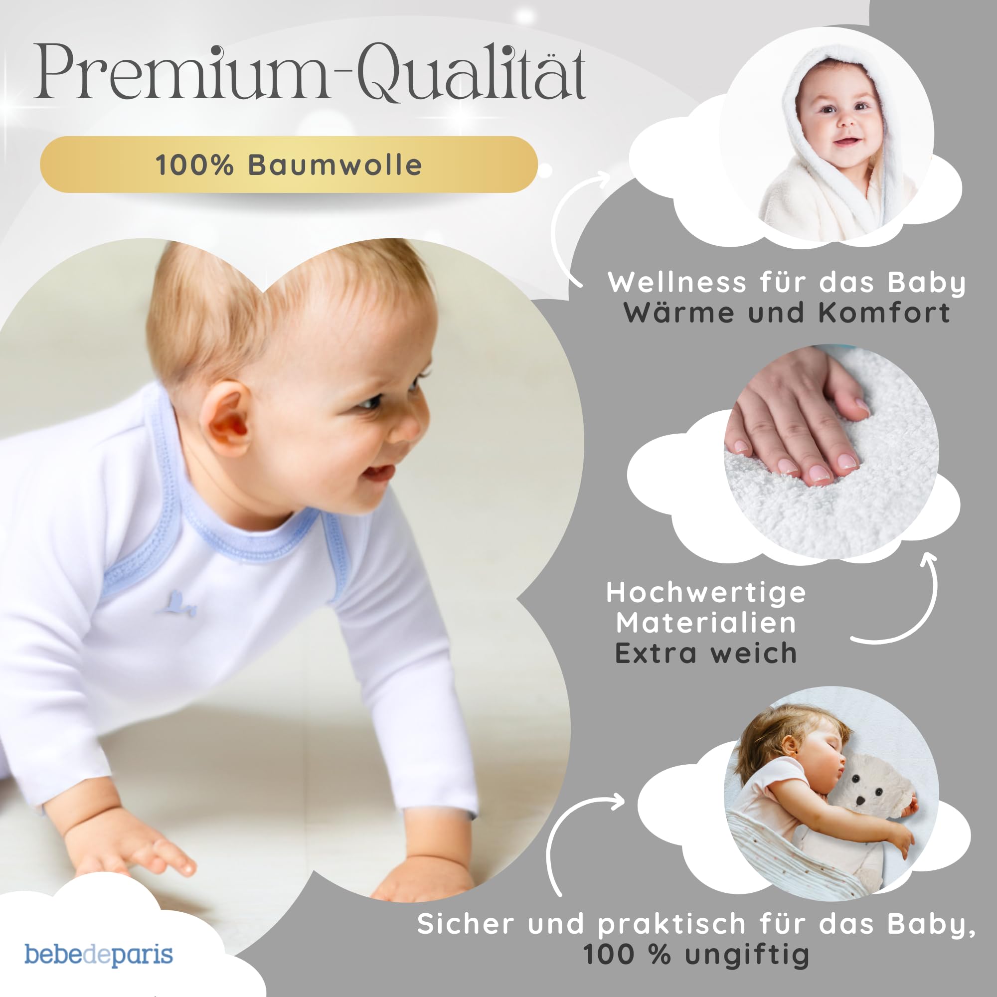 BebeDeParis Baby Geschenkset mit Namen personalisiert | Geschenkkorb zur Geburt | Bademantel bestickt (6–12 Monate), Body, Musselintuch, Kulturbeutel, Windeltasche & Teddybär