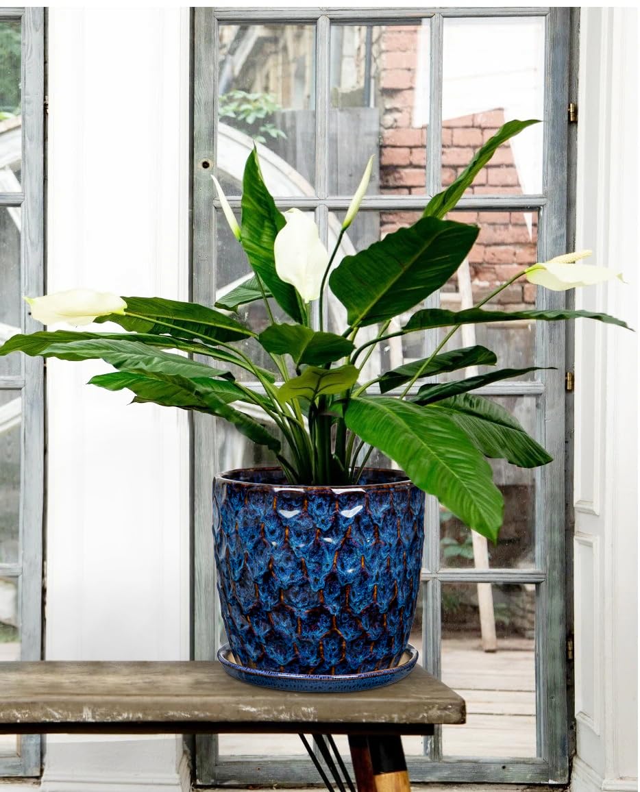 15+19 cm Blumentopf Blau Übertopf mit Untersetzer Abflussloch Pflanzgefäß | Arborus 2er Set Keramiktopf Zimmerpflanze Topf Selbstbewässernder Modern Matt Blumentöpfe für Gemüse Blumen Pflanzen Deko