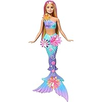 Barbie - Sirena Magia Floreale, bambola dai capelli biondi con coda sfumata e fascia con perle