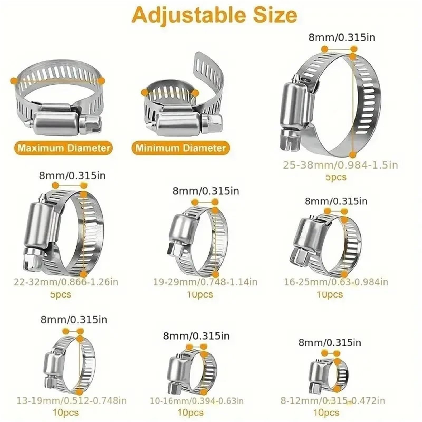 Fascetta Di Serraggio Assortimento di morsetti for tubi con ingranaggio a vite senza fine regolabile da 60 pezzi 8-38 mm for il fissaggio carburante e acqua