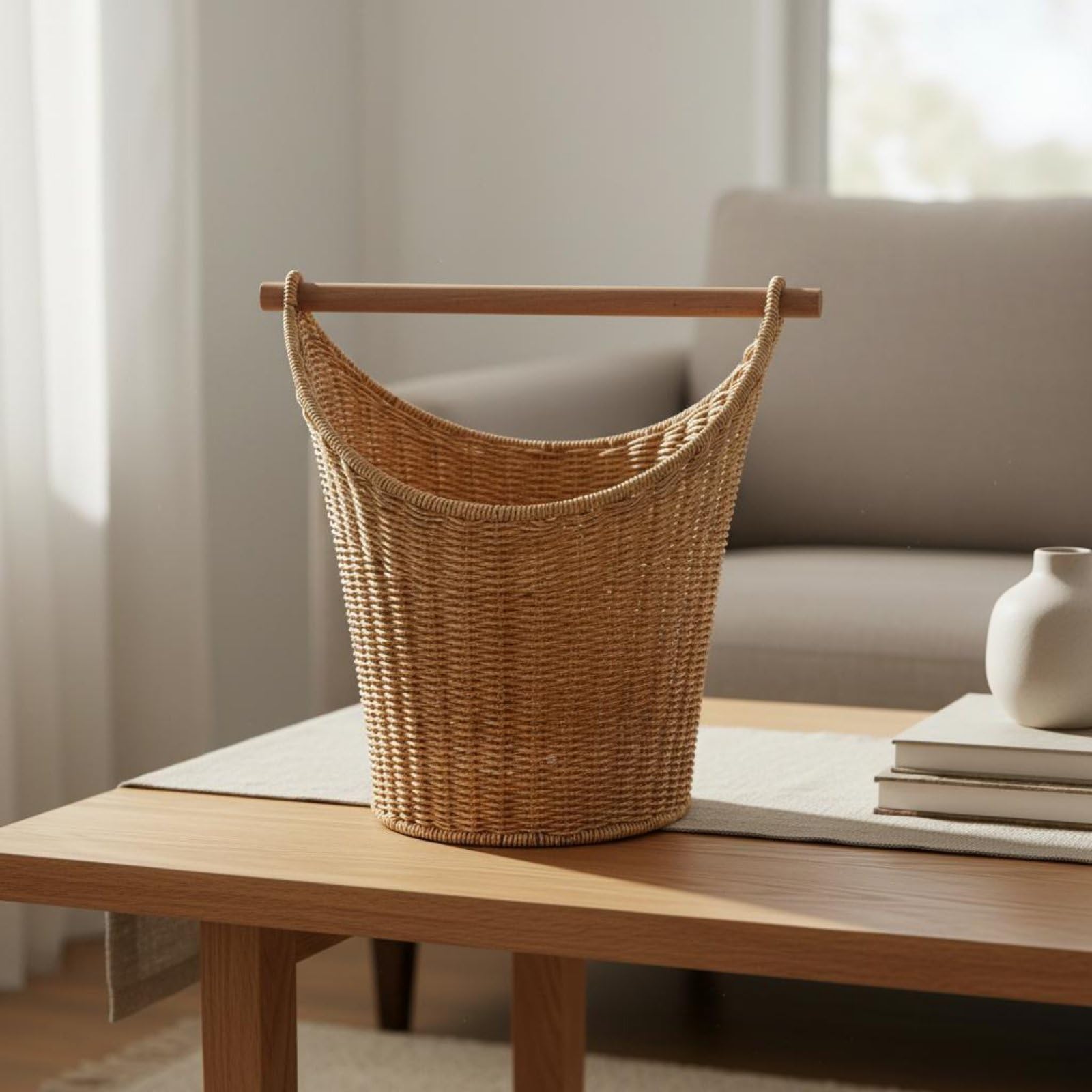 Panier de Rangement en Osier Panier Tissé Panier Organisateur Panier Porte-revues Conception Imitation Rotin avec Tige en Bois Amovible Adapté au Salon Chambre Bureau Décoration Intérieure