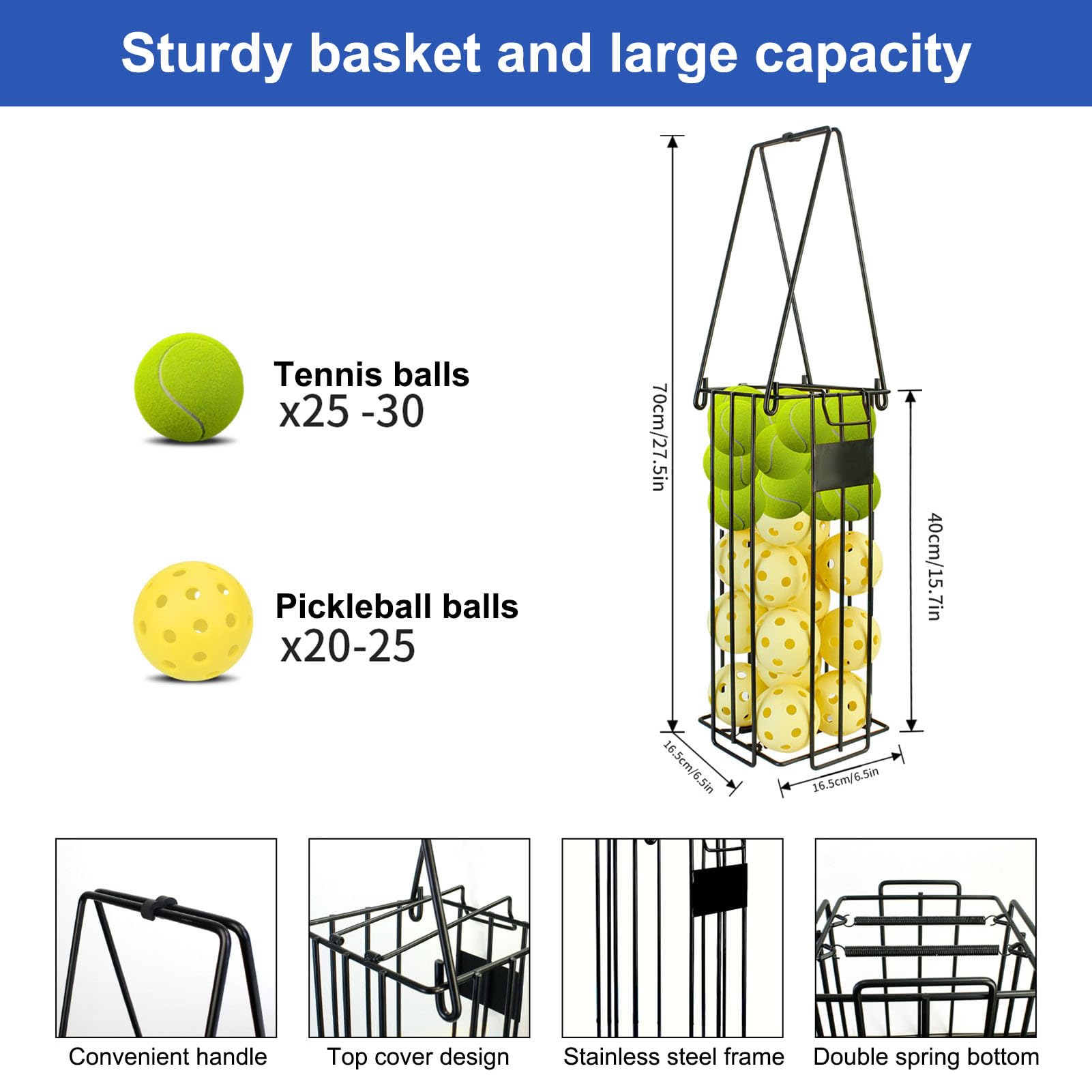 Générique Tennisball-Picker, Tenniszubehör, ergonomisches tragbares Reinigungswerkzeug mit großer Kapazität für Baseball, Softball, Volleyball, Training, Outdoor, 27,56 x 6,5 Zoll