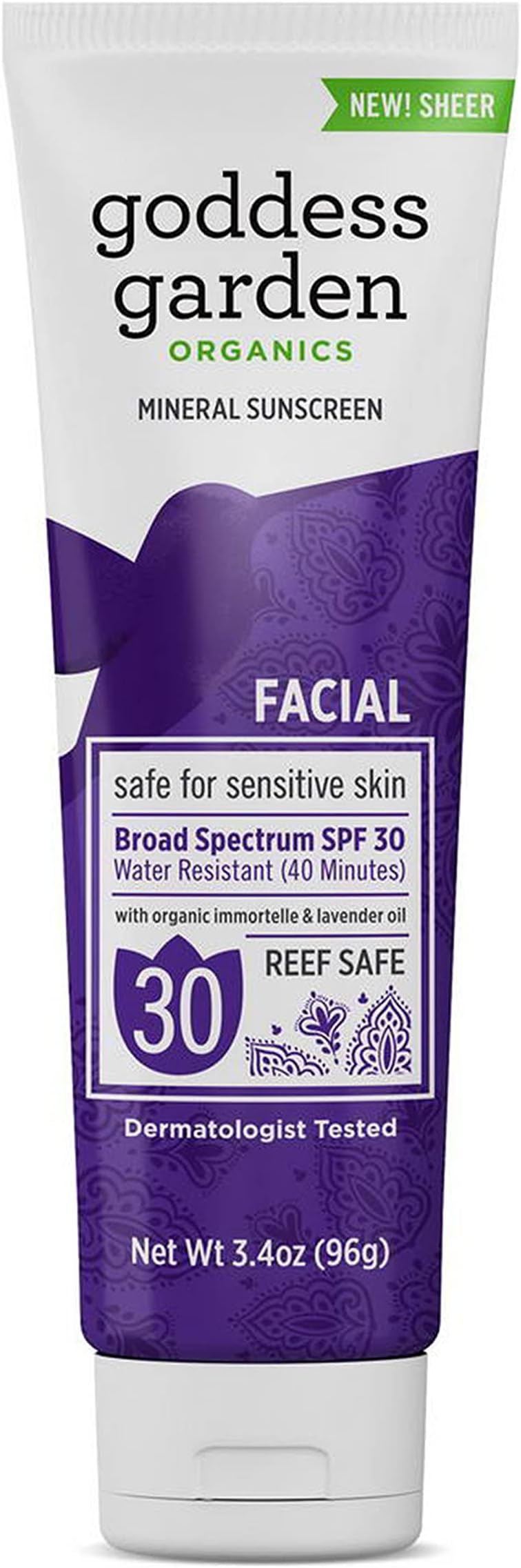 Goddess Garden - Facial SPF 30 Mineral Sunscreen Lotion - Sensitive Skin, Reef Safe, Sheer Zinc, Water Resistant, Vegan, Leaping Bunny Certified Cruelty-Free, Non-Nano - Travel Size 3.4 oz Tube