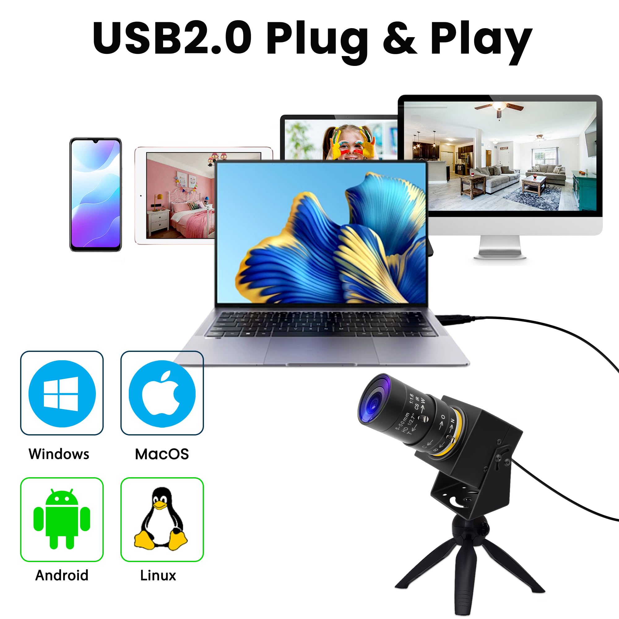 Svpro 2 MP Global Shutter USB Camera 90 FPS Telecamera ad alta velocità con zoom da 5 a 50 mm, messa a fuoco manuale Webcam per Glof Swing, 10 X zoom ottico telecamera industriale USB Plug and Play