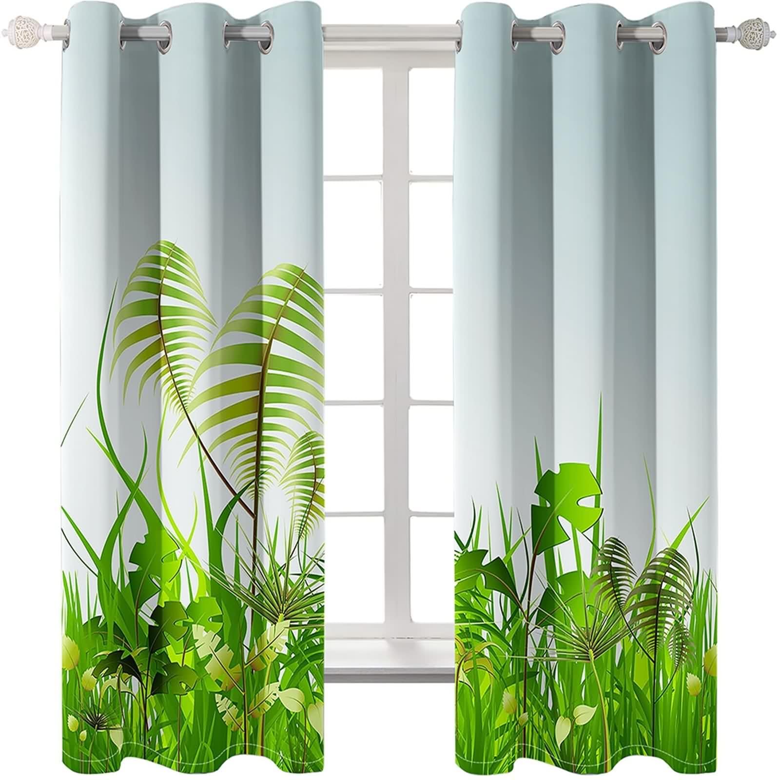 Rideau Occultant, Rideau Vert Anniversaire Polyester Motif d'herbe et de Feuilles 107L x 229H CM Lot de 2