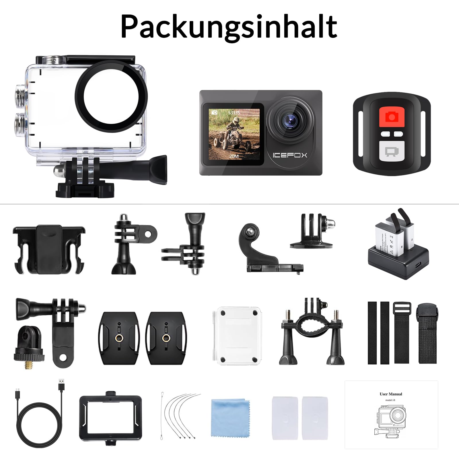 icefox Action Cam 4K 60FPS 20MP Unterwasserkamera EIS 5-fach Zoom WLAN-Fernbedienung wasserdicht