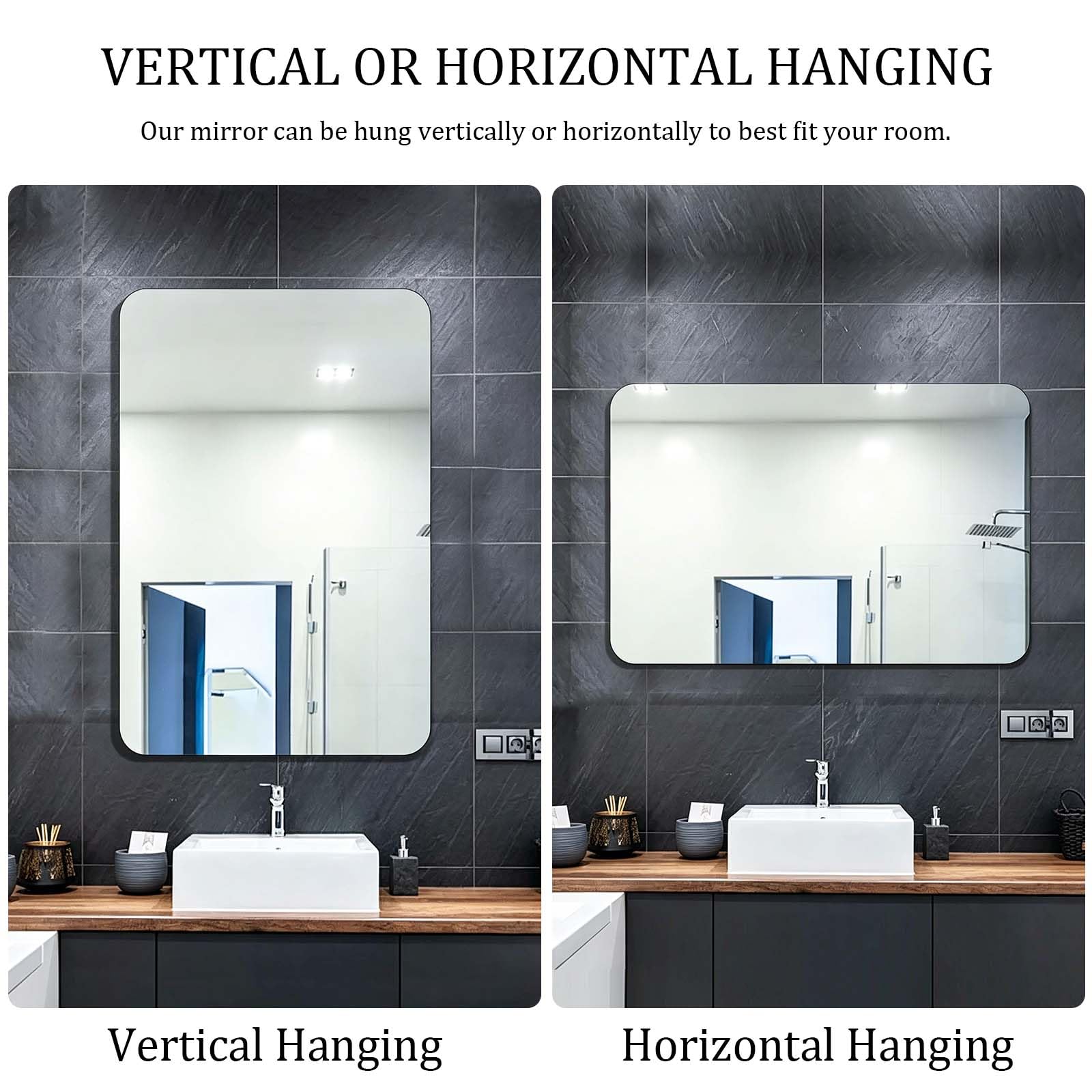 Specchio da parete rettangolare, 40 x 60 cm, senza cornice, specchio da bagno, riflesso HD, angoli arrotondati, specchio decorativo per bagno, camera da letto, soggiorno, corridoio