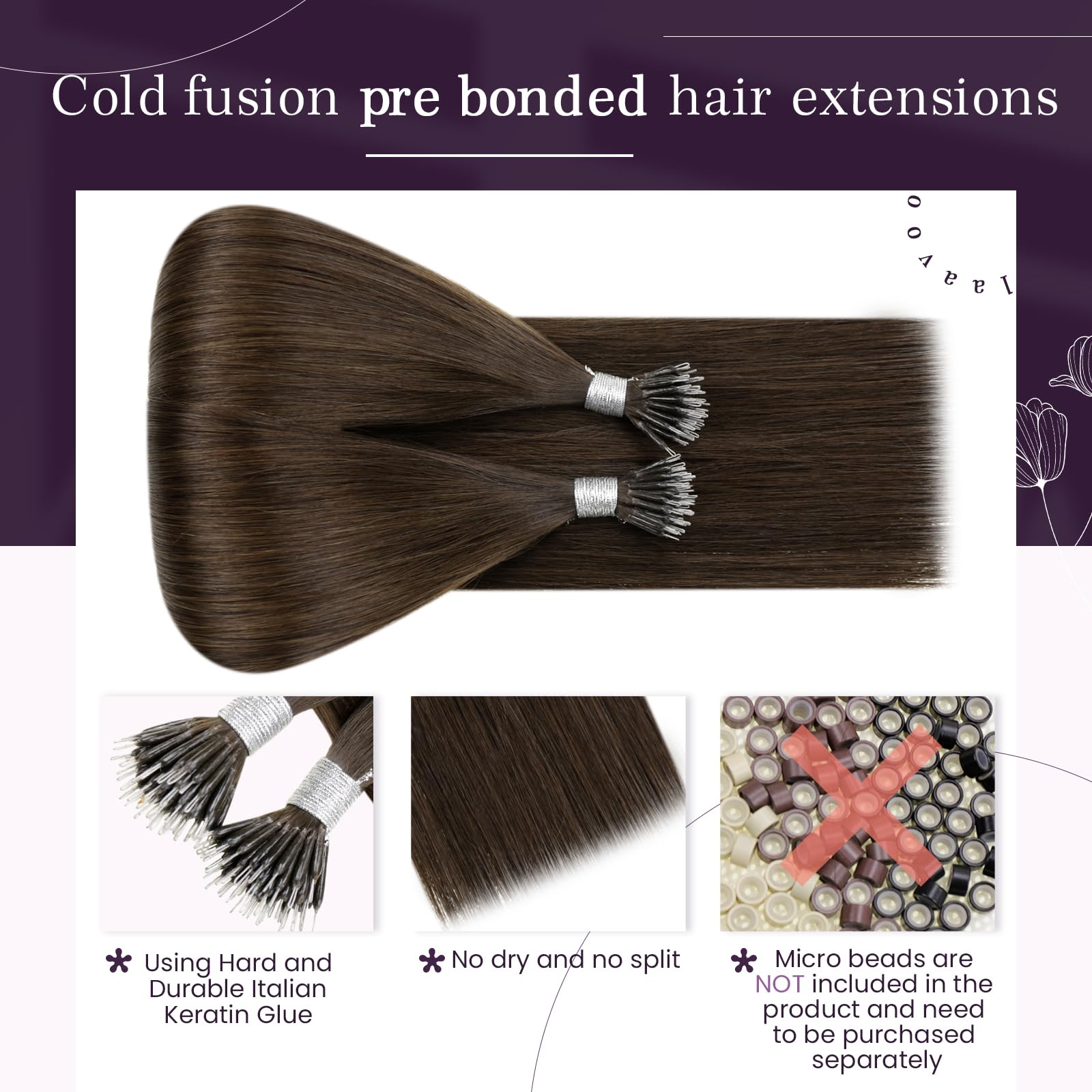 LaaVoo Nano Hair Extensions Real Human Hair Dark Brown Nano Beads Hair Extensions Invisible Nano Ring Straight Remy Hair 50g 50s 14 Inch #4 - Image 2
