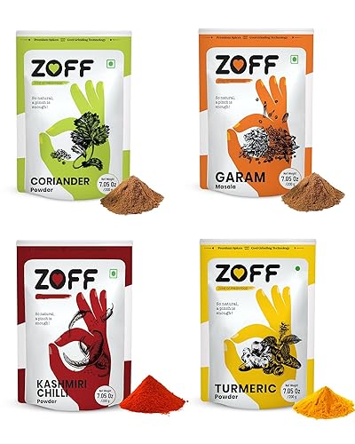 ZOFF Spices Combo Pack de 4  Especias en polvo tradicionales indias con chile en polvo de Cachemira, Garam Masala, polvo de cilantro, cúrcuma en