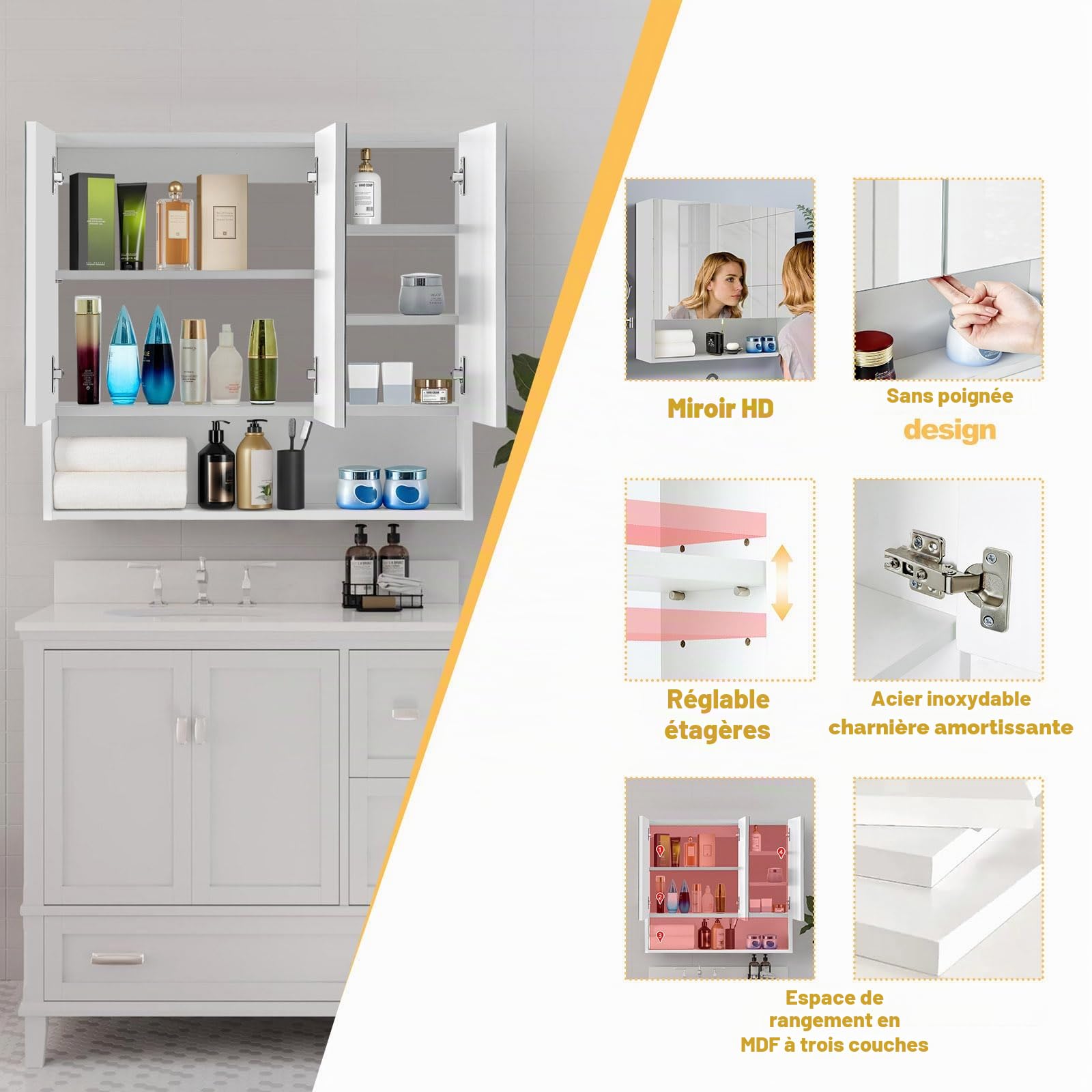 TUKAILAi Armoire de Salle de Bain avec Miroir 70 * 16 * 63 CM, Armoire de Toilette Rangement avec 2 Portes 1 Niveau Étagère à Hauteur Réglable 2 Compartiments, Murale Salle de Bain