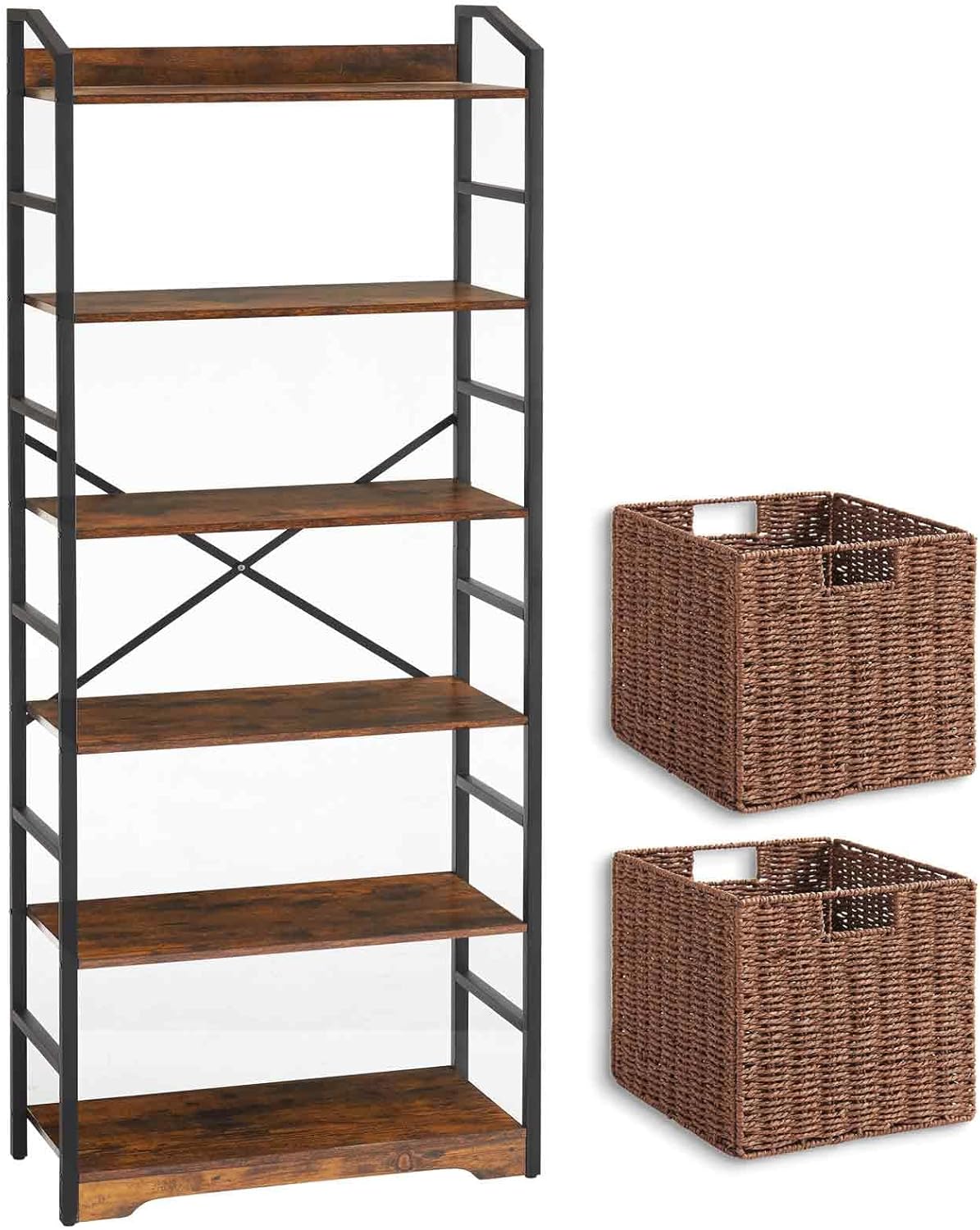 Vagusicc 6 Tier Bookshelf with 2 Storage Baskets, Tall