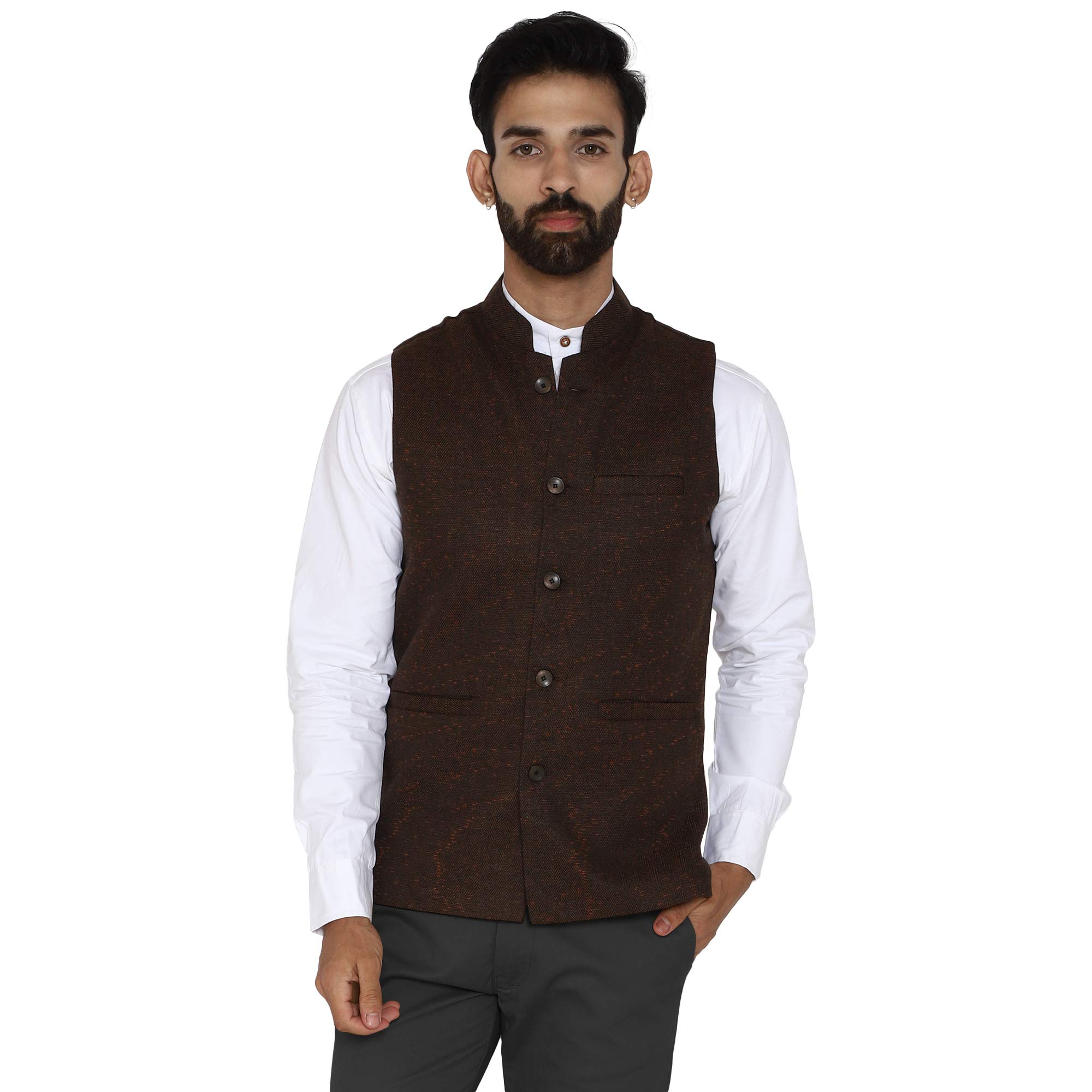 essentiele Men's Coffee Brown Herring Bone Wool Tweed Bandhgala Ethnic Nehru Jacket-picture-21
