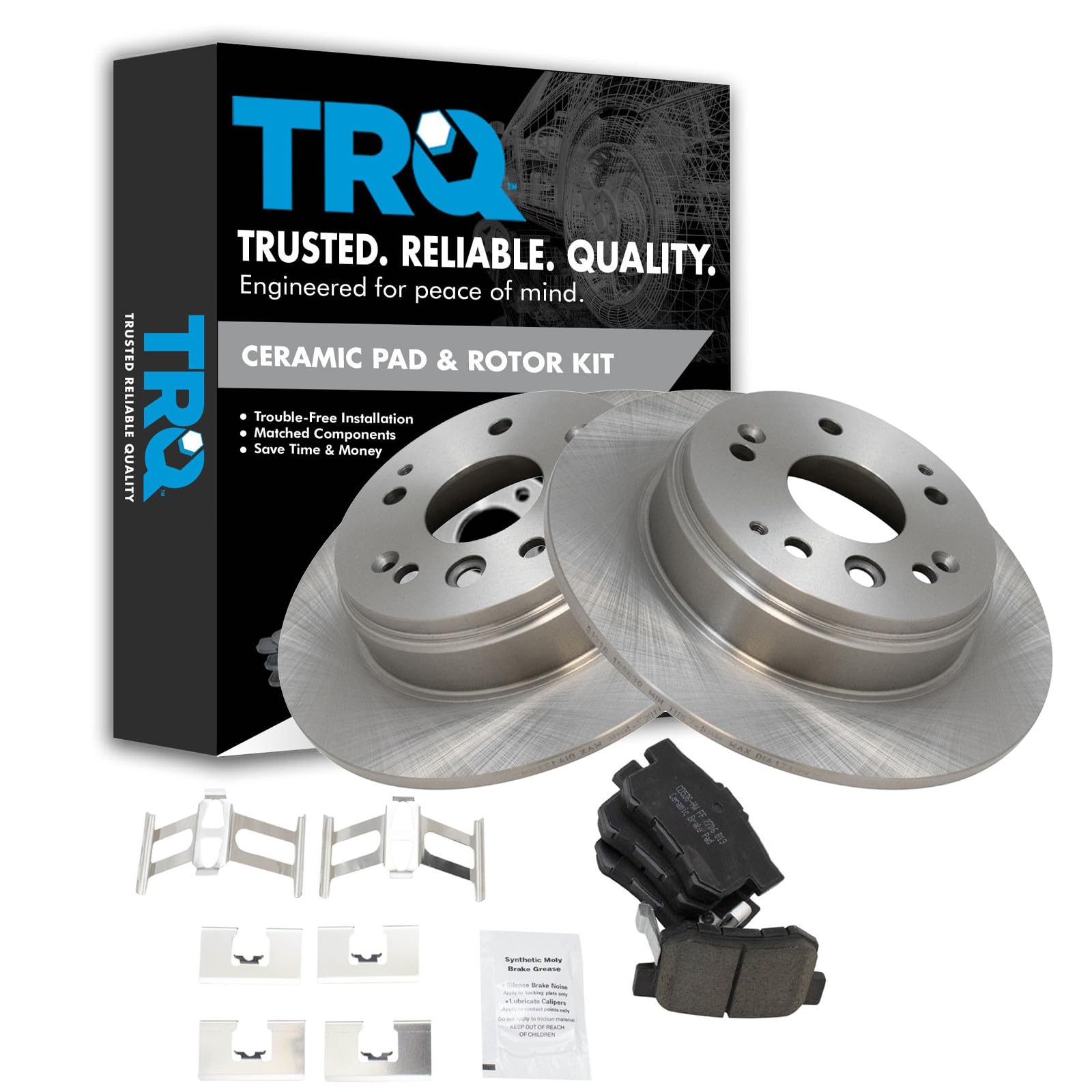 TRQ Rear Brake Pad and Rotor Set Ceramic Solid Rotors Compatible with 2003-2011 Honda Element 2004-2008 Acura TL