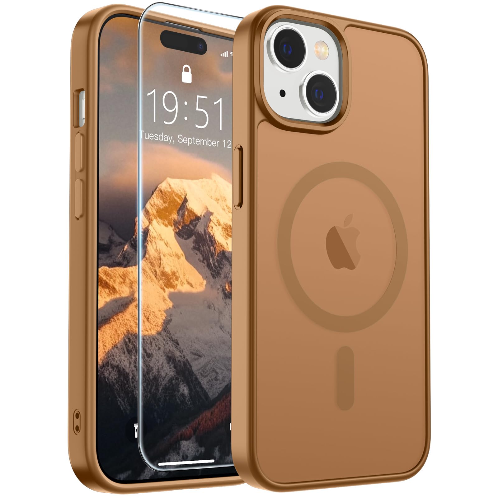 SUPFINE Magnetic for iPhone 15 Case Brown | With Screen Protector, Translucent Matte, Compatible with MagSafe, Military Grade Drop Proof, Rugged Shockproof Protective