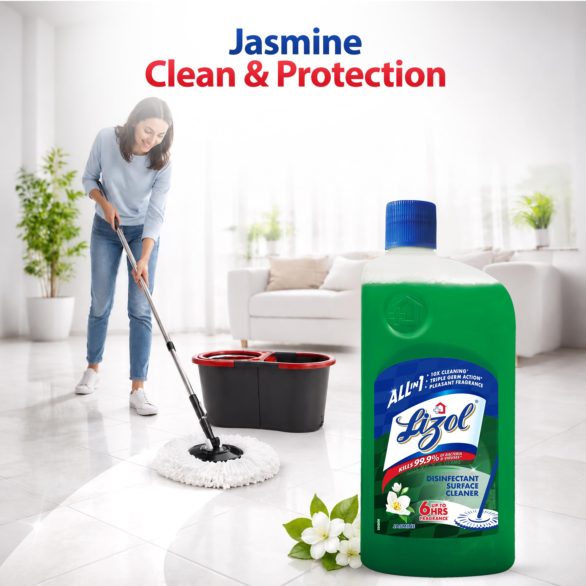 Lizol Disinfectant Surface & Floor Cleaner Liquid, Jasmine - 1 Litre & Kitchen Cleaner Spray - 450 Ml 1