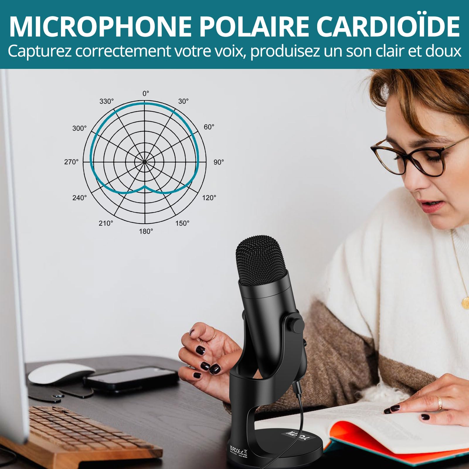 Micro USB à Condensateur Cardioïde avec Contrôle du Volume Microphone USB Micro PC & Mac Micro Gaming Condensateur pour Live, Enregistrement, Gaming, Podcast, Streaming