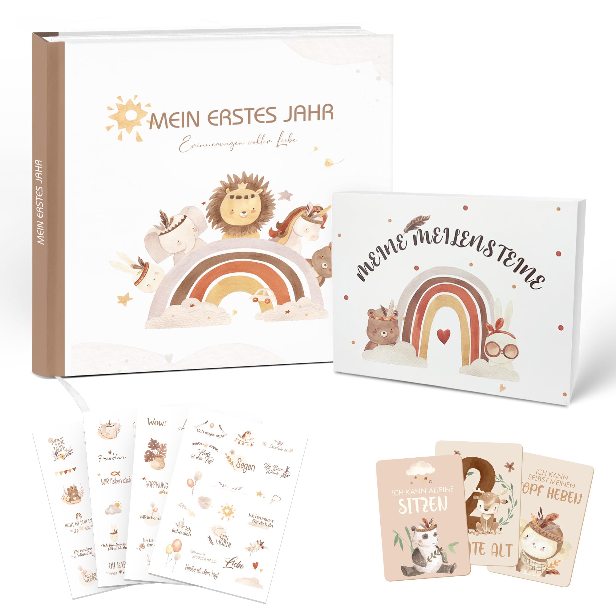 Baby Geschenkset zur Geburt – Mein erstes Jahr Erinnerungsbuch mit Stickern & 50 Meilensteinkarten – Neutrales Babyalbum Set für Junge & Mädchen – Geschenk zur Geburt & Babyparty