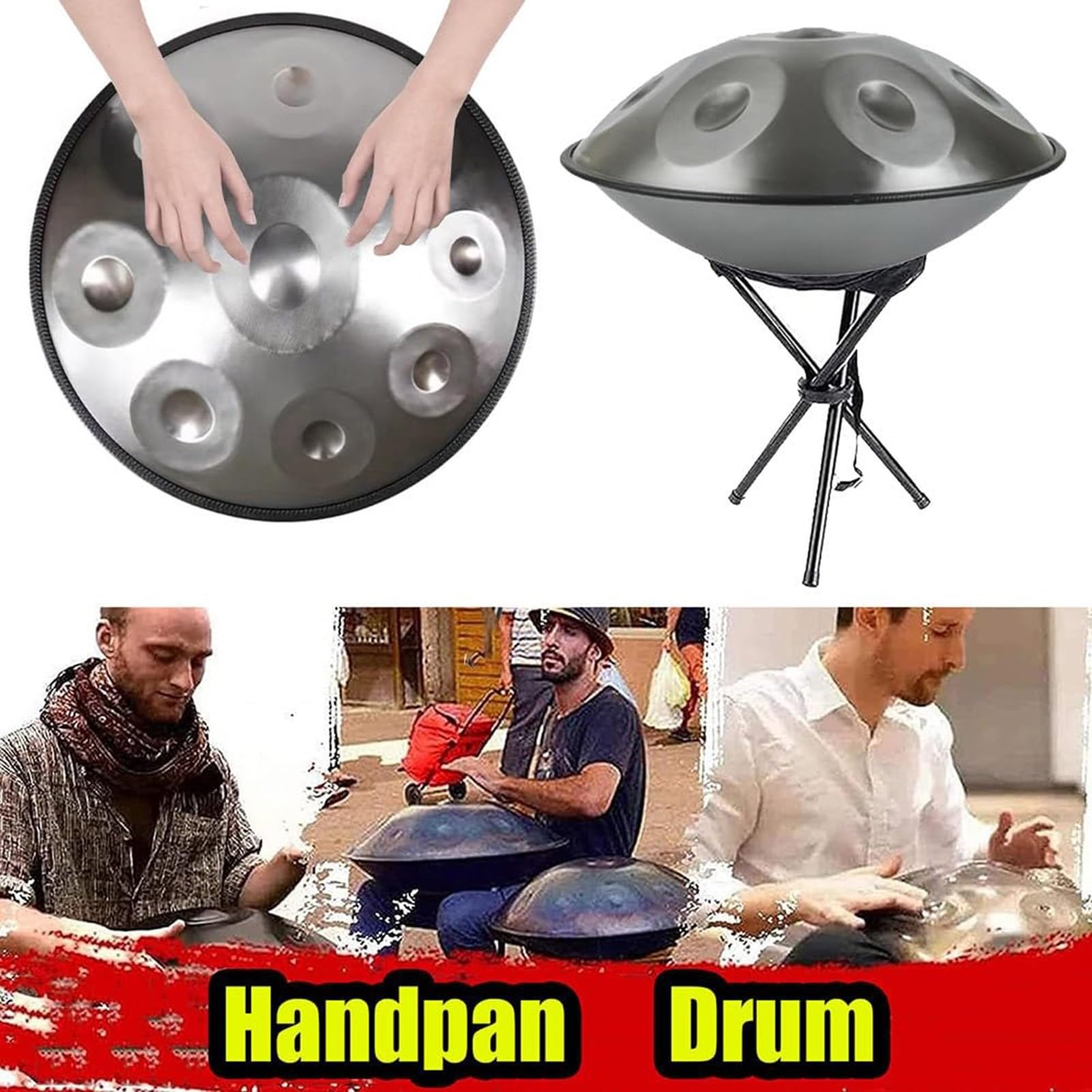 Strumento a percussione in Acciaio Handpan, 9/10/12 Note in re curdo minore, 432 Hz, con Custodia, 2 Bacchette e Supporto (re, 9 Note)