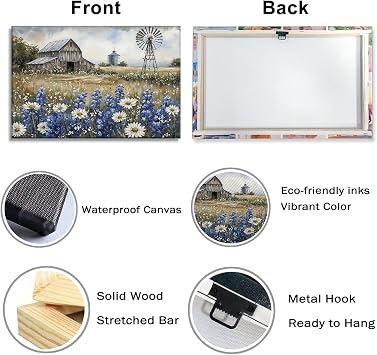 Farmhouse Canvas Art Old Barn Pictures Vintage Wall Decor Framed Daisy Wildflowers Painting Country Scenery Prints Living Room Bathroom Home Office Ready to Hang - 12.00x18.00