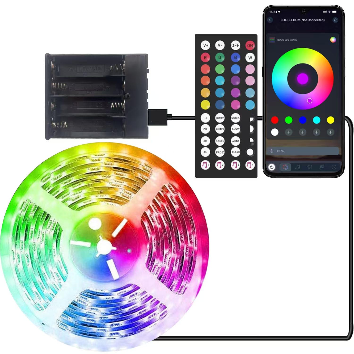 Battery Operated LED Strip Lights – 13.12ft RGB Color Changing, Music Sync, Remote & App Control – for Bedroom, Party, TV, Decor (13.12ft)
