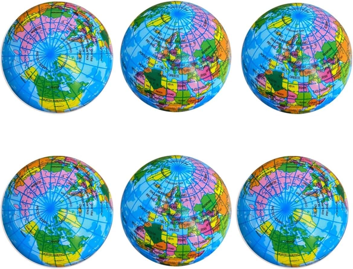 RixoxoGlobe Stress Balls 6Pack 4" Mini Foam World Map Squeeze Stress Balls Planet Earth Stress Relief Ball Party Favor Balls to Release Stress for Adults Anxiety Relief Hand Therapy (Globe 4" 6PCS)