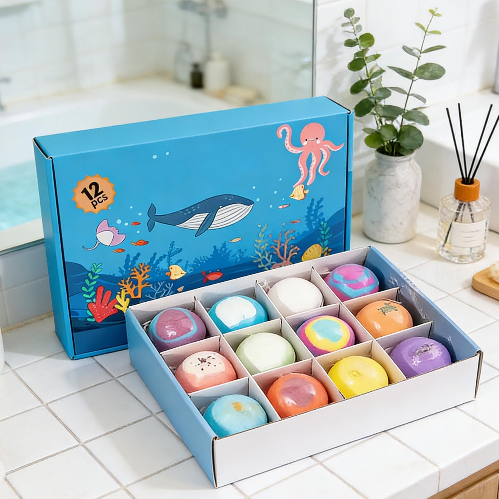 Bombas de Baño Burbujeantes | 12 Unidades Limpiador Corporal Relajante | Set Spa Baño de Burbujas con Juguetes | para Viaje, Hotel, Bañera, Spa, Regalo Niñas Niños