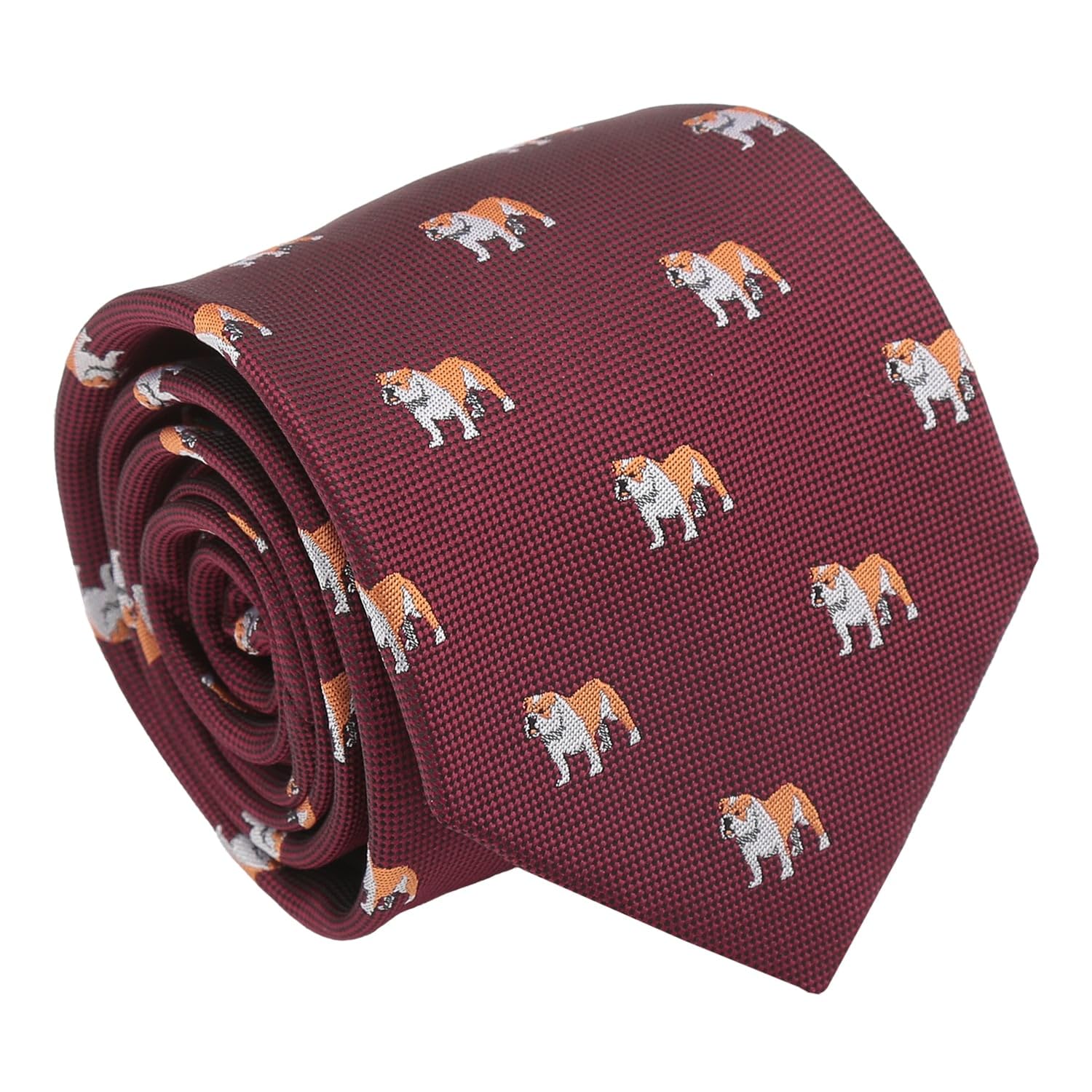 DQT Men's Embroidered Dog Design Novelty Classic Tie (Burgundy Bulldog)