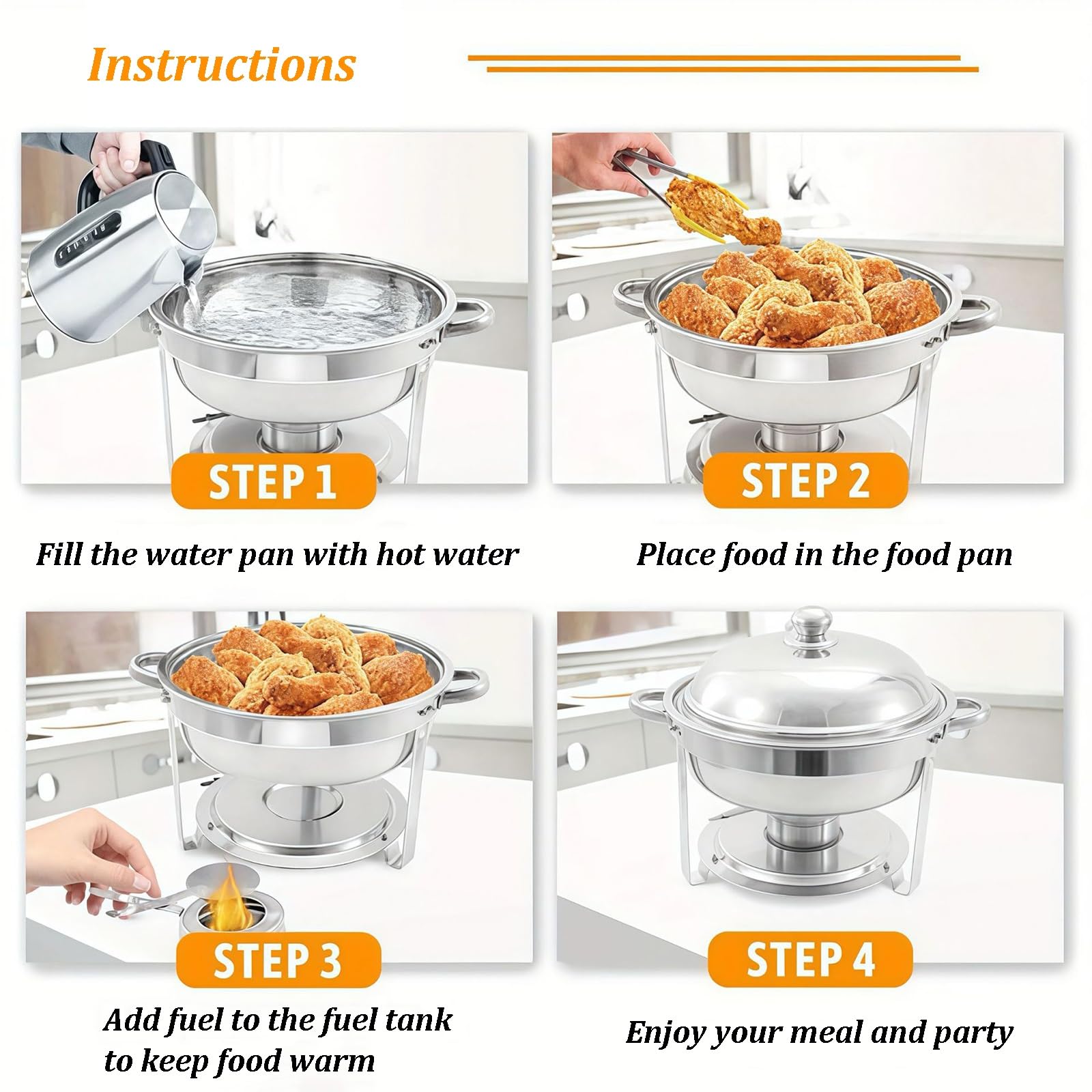 Juego de platos de roce, calentadores de buffet de acero inoxidable con sartenes para alimentos y agua, tapas, soportes de combustible, servidores redondos para fiestas, bodas, cenas, solución