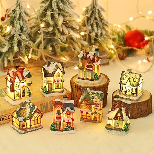 Miniatura 3 de Ochine Casas de aldea de Navidad iluminadas de resina, pueblo de Navidad, escena de Navidad, casas de pueblo con luz LED, funciona con pilas, adorno