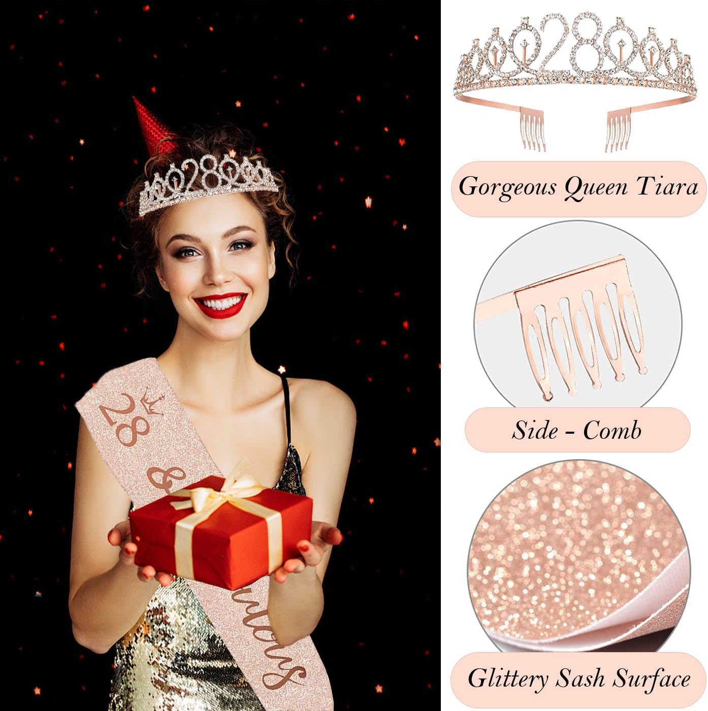 28th Birthday Decorations for Her Women, Including 28 year old Birthday Cake Topper, Queen Sash with Pearl Pin, Sweet Rhinestone Tiara Crown, Number Candles and Balloons Set, Rose Gold - Image 3