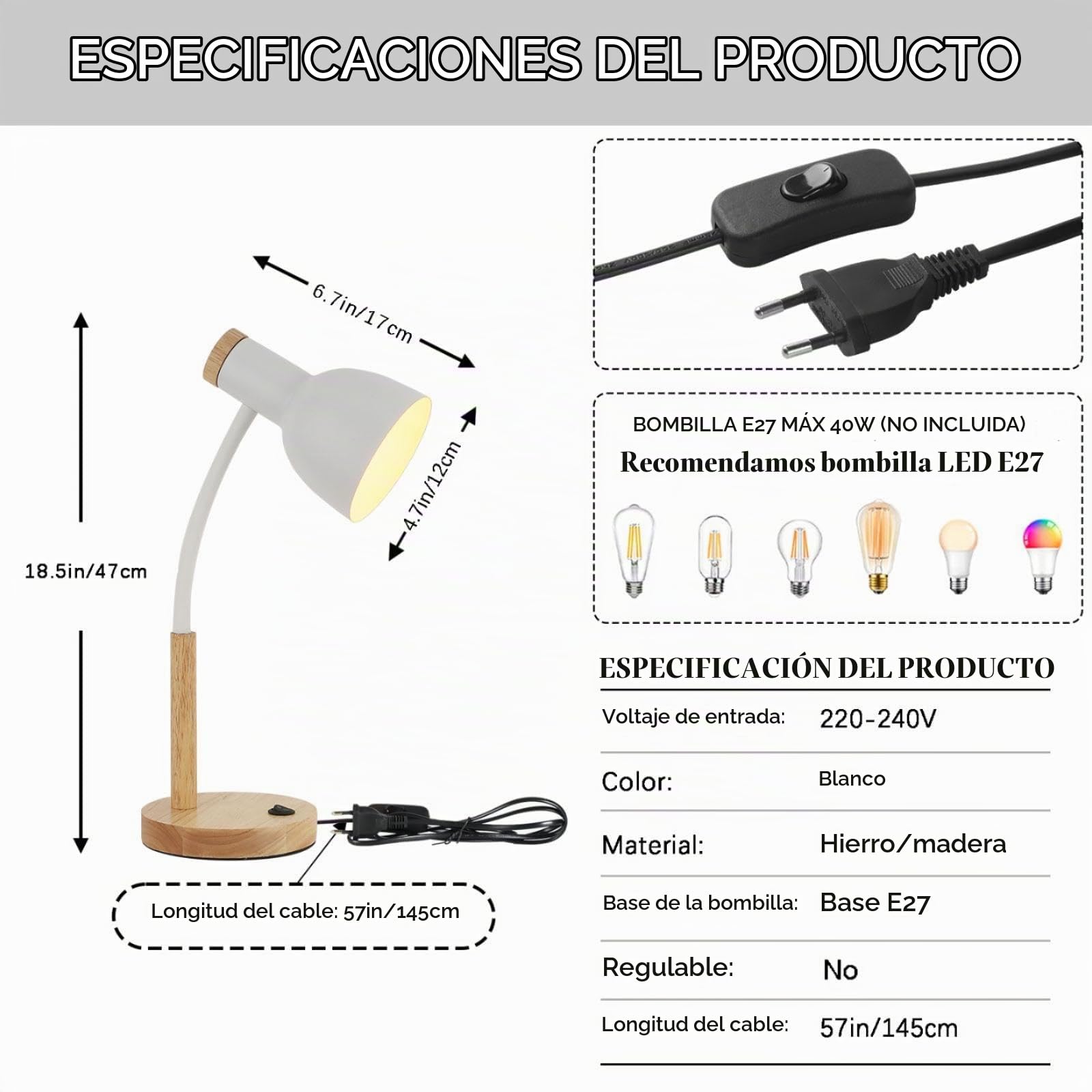 Lámpara de mesa de madera y metal, lámpara de noche de metal, dirección de cabeza de lámpara ajustable, adecuada para dormitorio, sala de estudio, habitación infantil, E27, D15 x H47