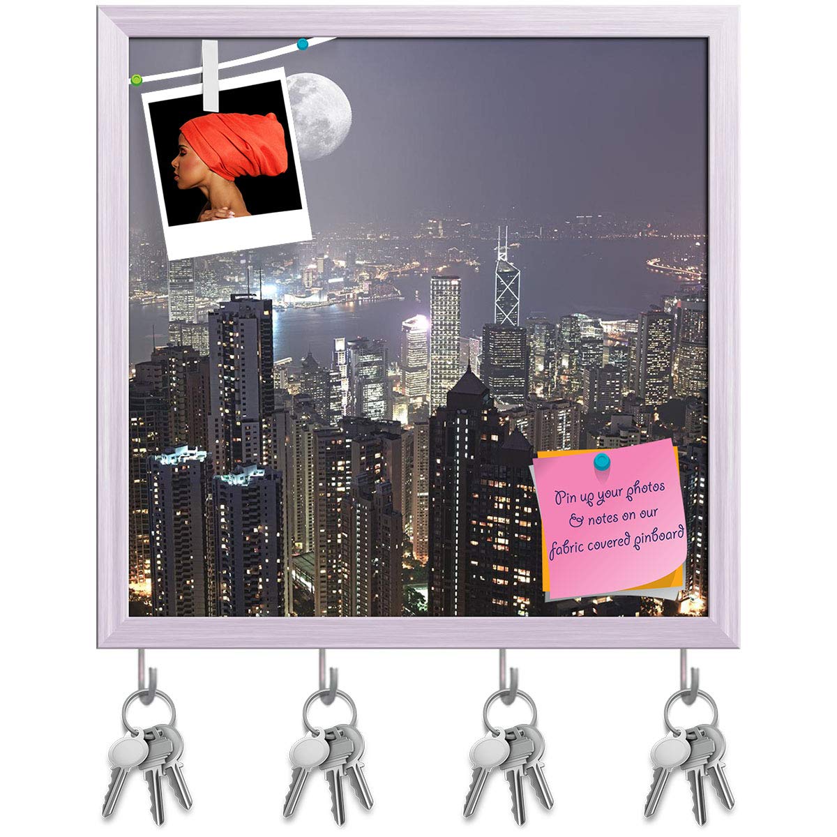 ArtzFolio Skyline of Hong Kong City from Victoria Peak Key Holder Hooks | Bulletin Notice Pin Board | Vision Soft Board Combo with Thumb Push Pins | White Frame 20 x 20 inch (51 x 51 cms)