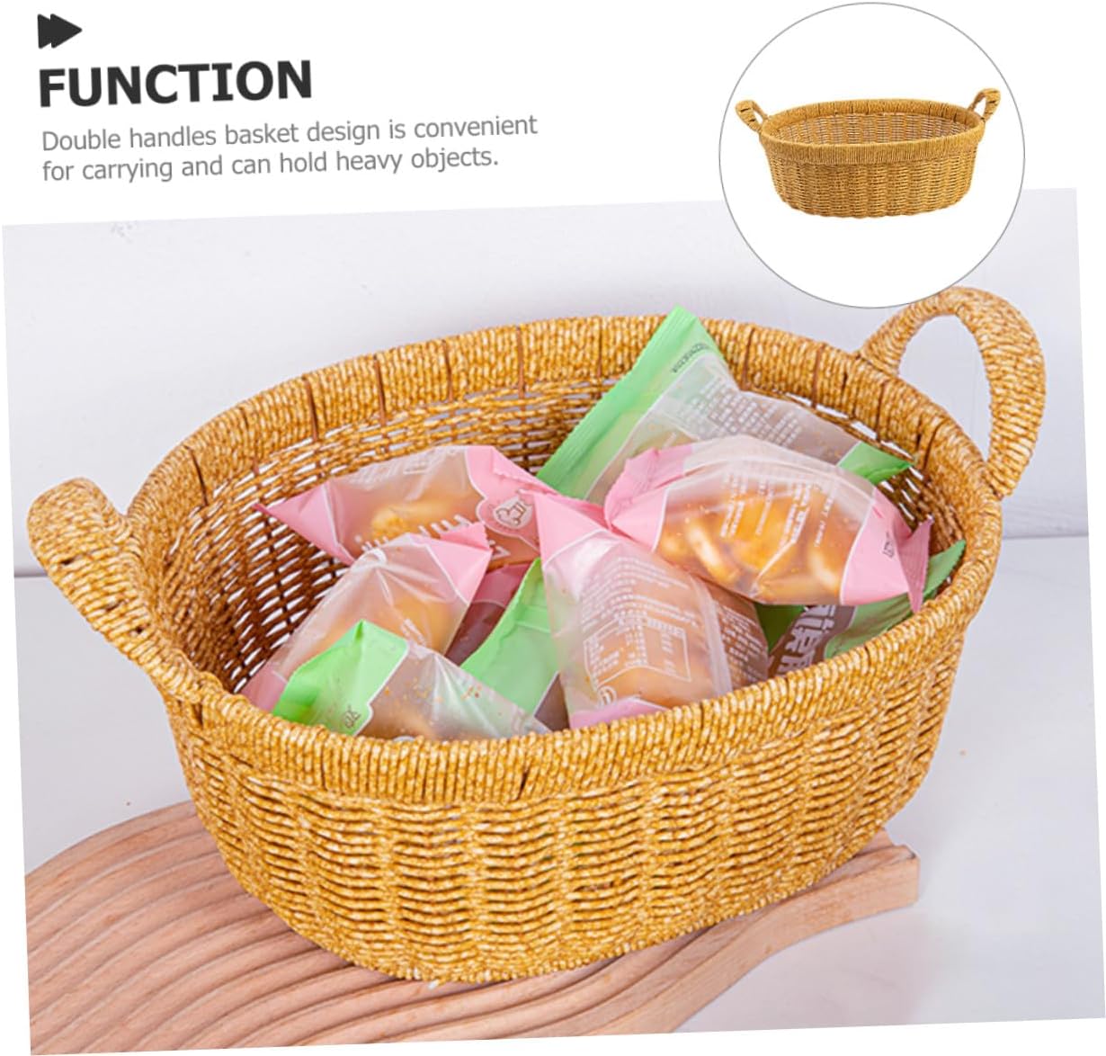 Large Oval Simulated Rattan Fruit Basket with Double Handles, Deep Bread and Snack Storage Organizer for Kitchen Countertop and Outdoor Picnic Use, Light Coffee Color