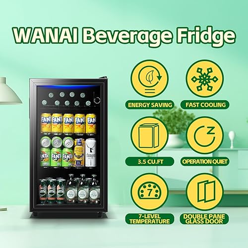 Miniatura 2 de WANAI Refrigerador de bebidas de 3.5 pies cúbicos, mini refrigerador pequeño de 120 latas con puerta de vidrio con luz LED y estantes ajustables
