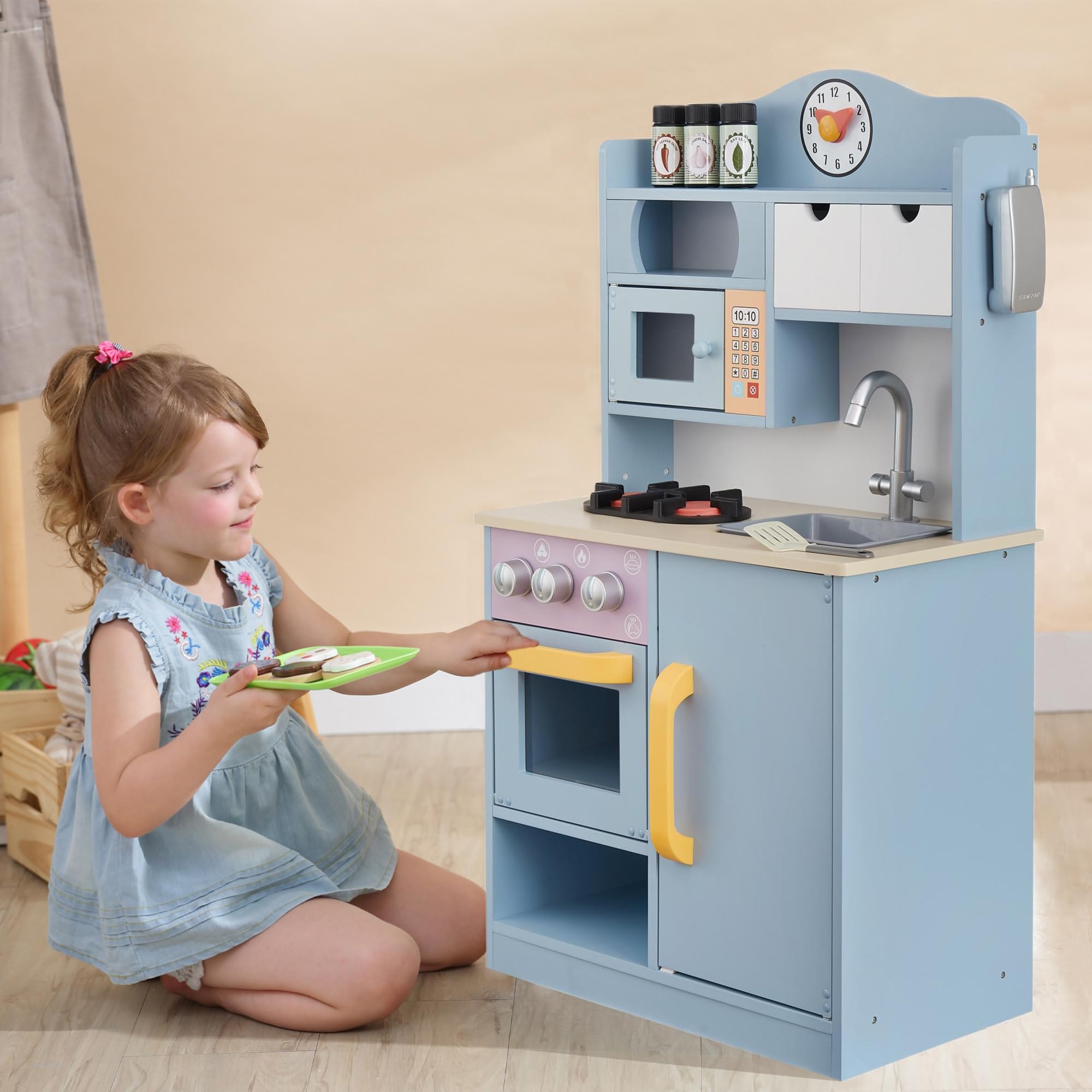 Teamson Kids Little Chef Florence klasyczna drewniana kuchnia dla dzieci z kuchenką, zlewozmywakiem, piekarnikiem, kuchenką mikrofalową i akcesoriami w kolorze jasnoniebieskim, bzu i brzoskwiniowym