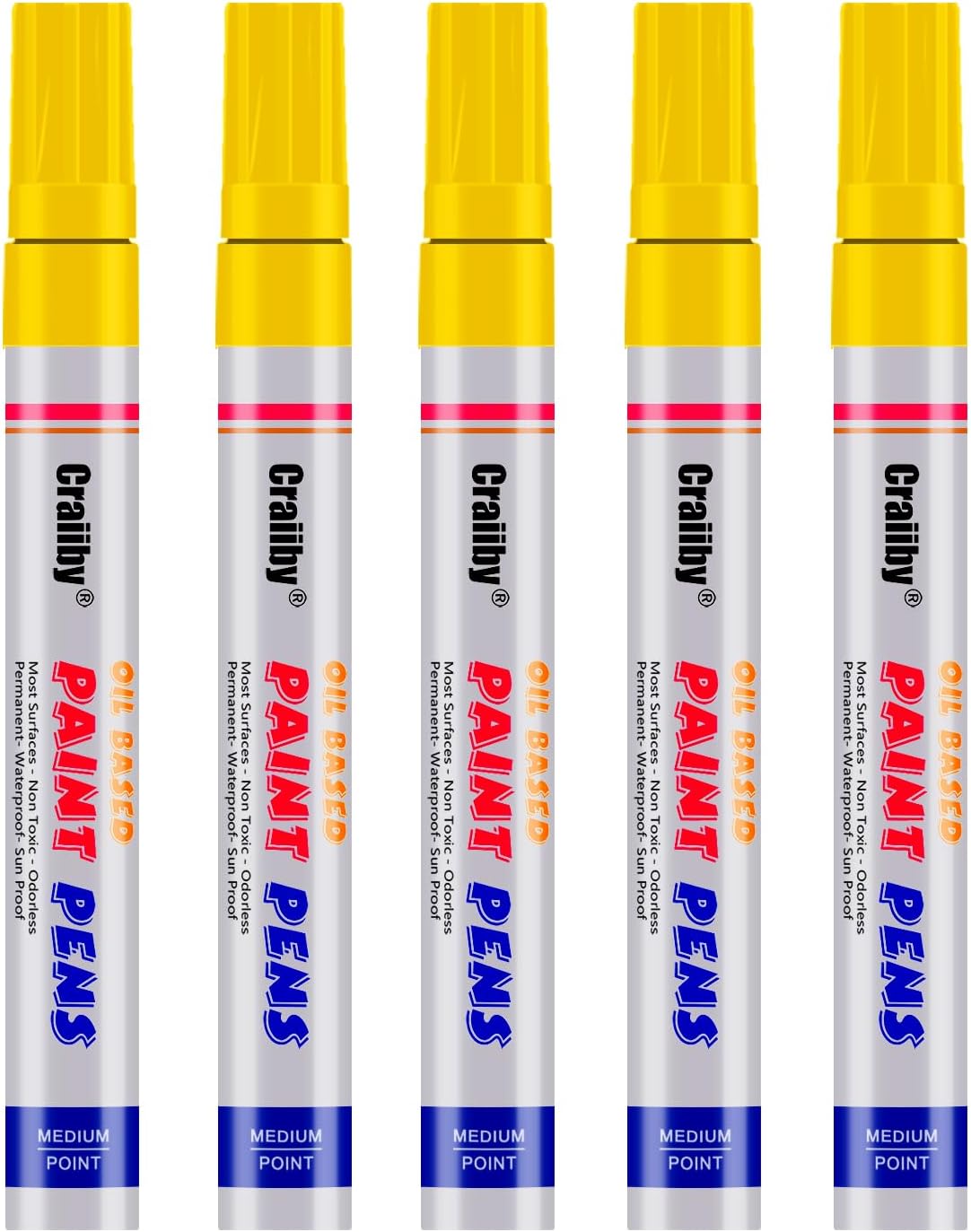 Yellow Paint Markers, 5 Pack Oil-Based Waterproof Quick Dry Permanent ...