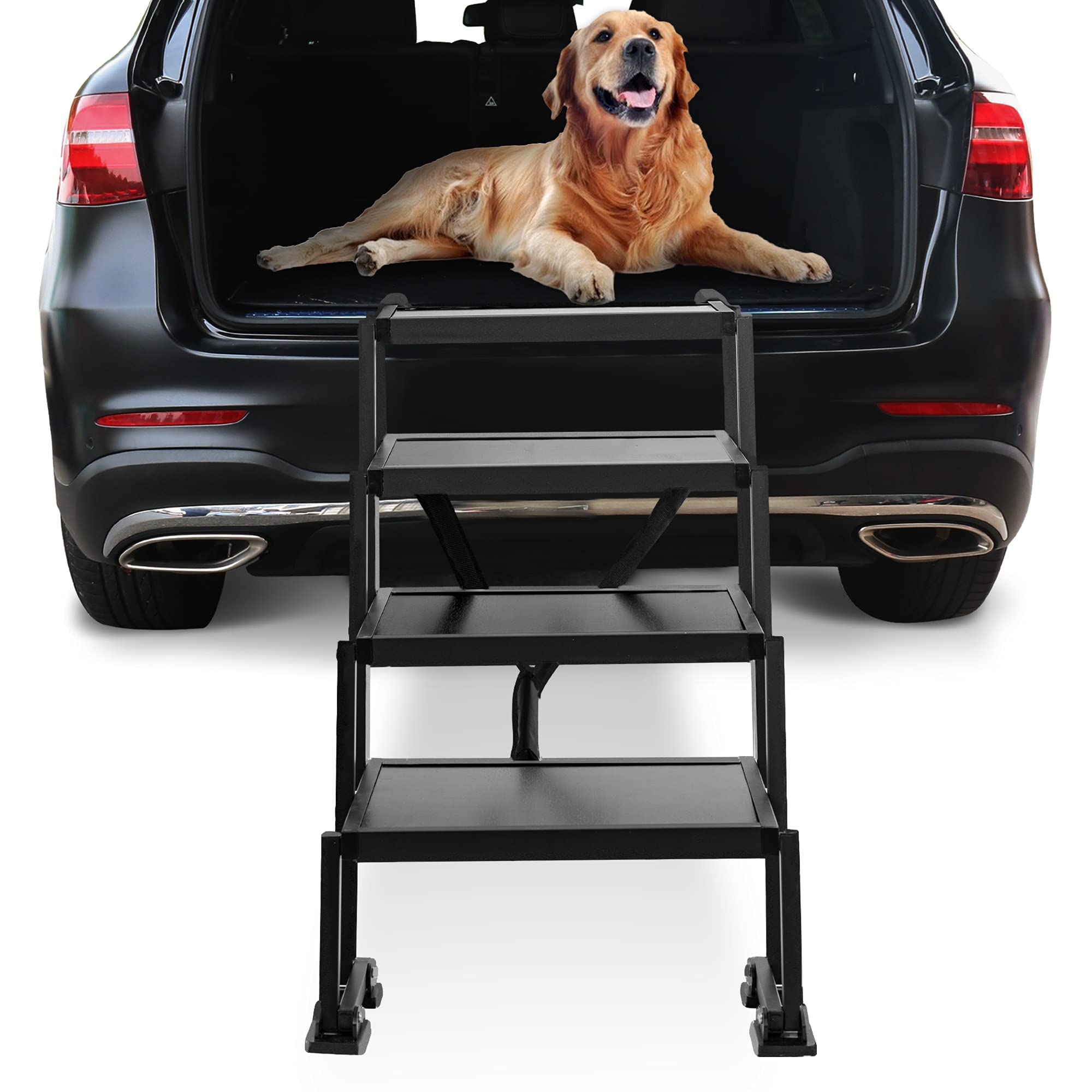 Niubya Foldable 4 Steps Dog Stairs, Portable Dog Steps for Cars, Trucks, SUV and High Beds, Lightweight Pet Ramp Loader with Wide Platform, Suitable for Small to Large Dogs, Up to 120lbs