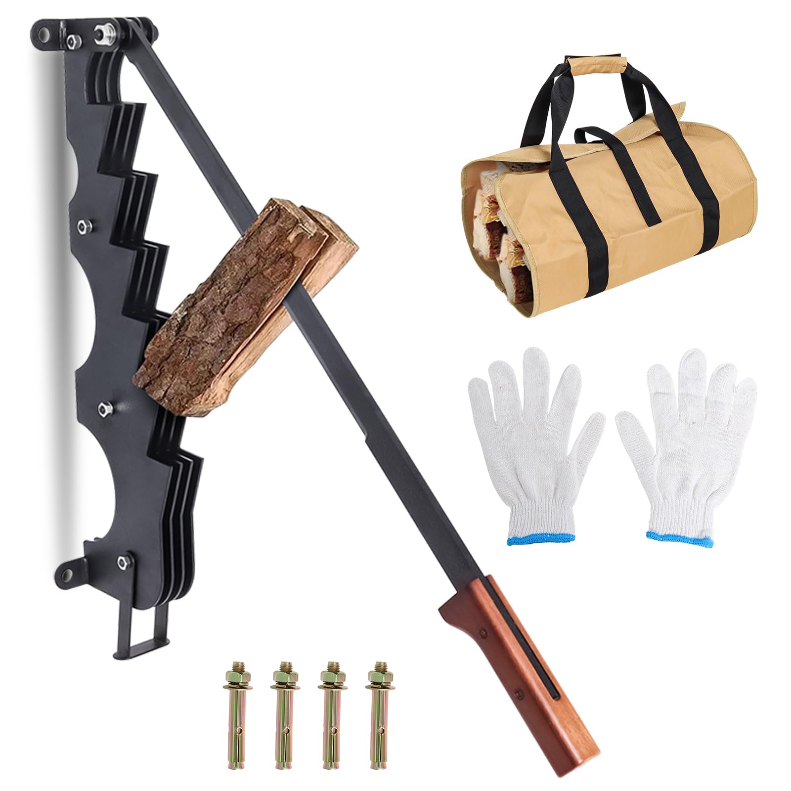 Wall Mounted Kindling Splitter-Wood Splitter Manual Firewood Cutter, Heavy Duty Log Splitter with Firewood Storage Bag Gloves, Solid Metal Wood Splitter Wedge for Indoor Outdoor